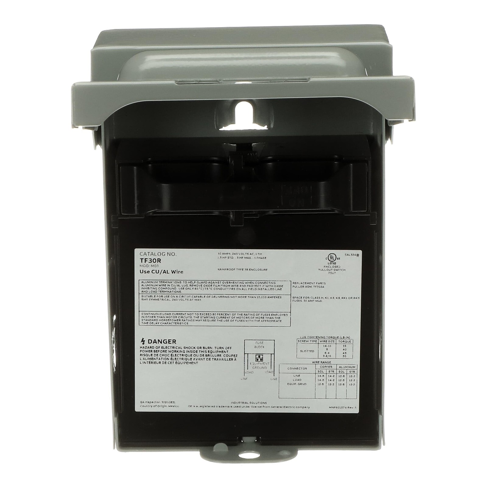 AC Disconnect Switch 30A 240V Weatherproof Fused N3R ABB TF30RCP Phase Rated