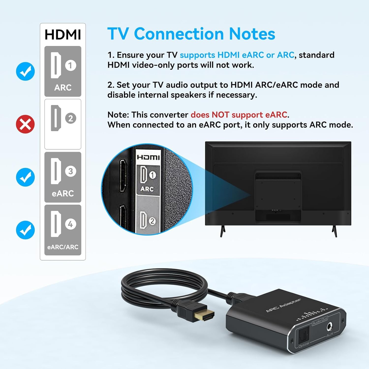 HDMI ARC Audio Extractor HDTV ARC to Optical Toslink RCA 3.5mm AUX Adapter