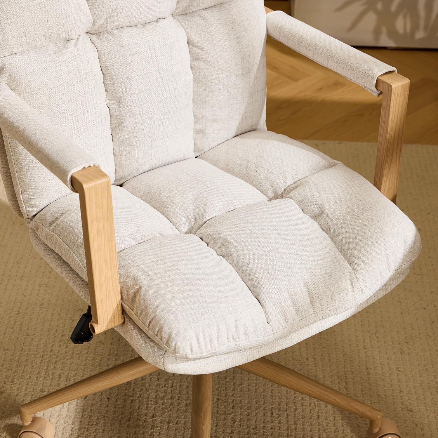 Comfy Linen Office Desk Chair with Wheels & Detachable Cushions & Wood-Like