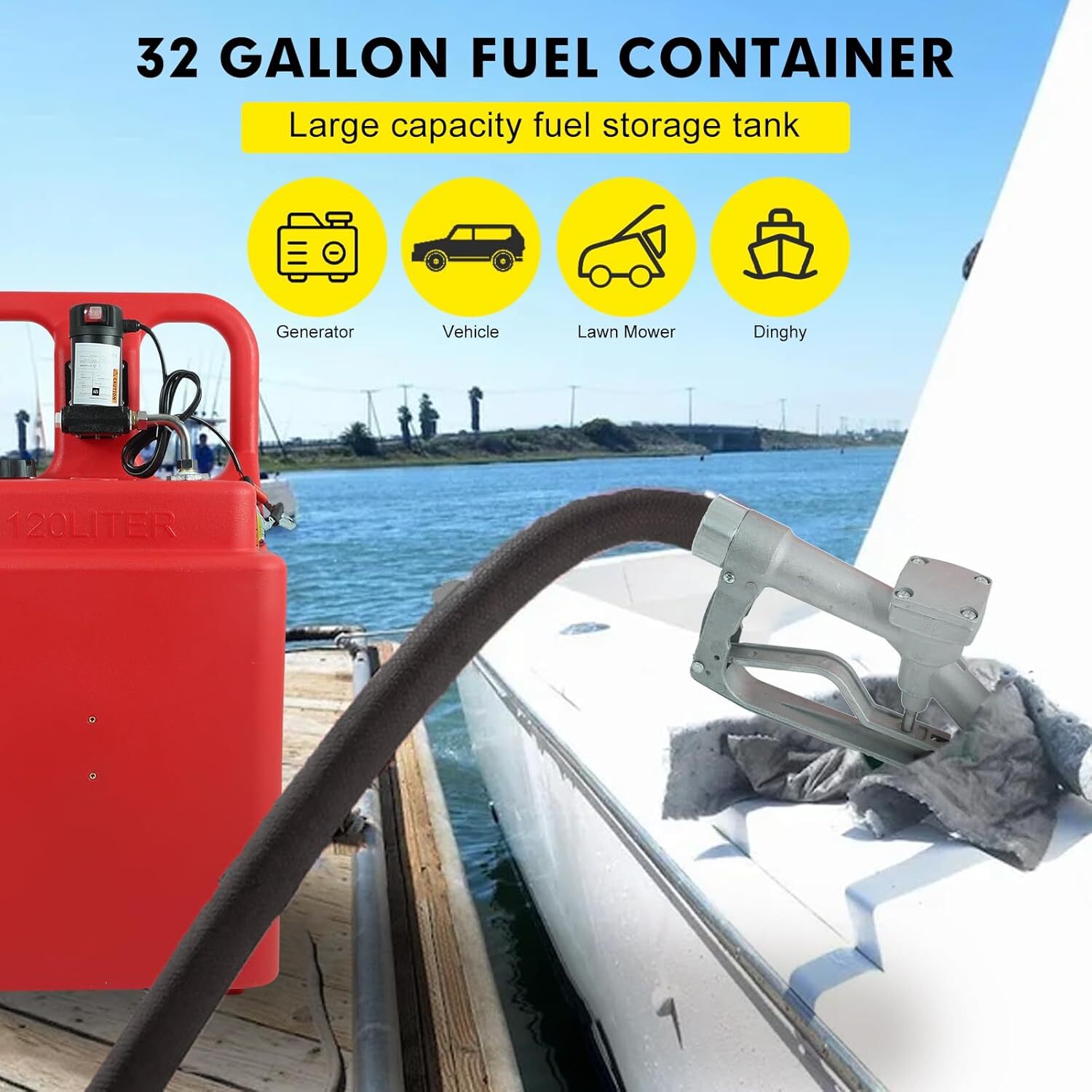 Portable 32 Gallon 120 L Fuel Tank with 12 V Diesel Pump 13 ft Delivery Hose Red