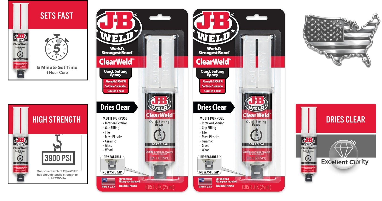 Quick-Drying Clear Epoxy, 3900 PSI Strength, 2 Pack Syringe for Easy Repairs
