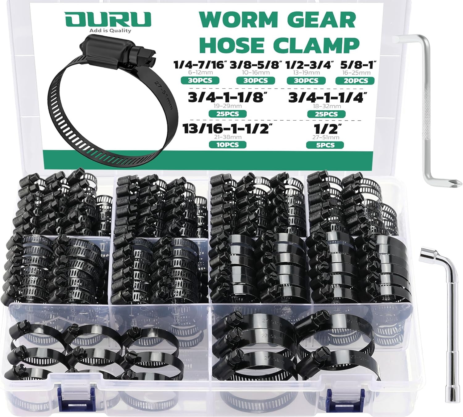 Black Hose Clamp-175Pcs Stainless Steel Hose Clamps Assortment Adjustable
