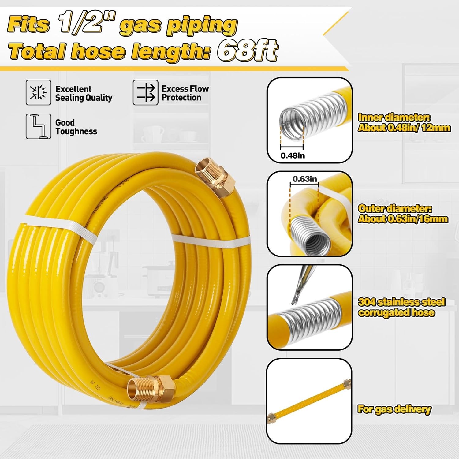 70Ft 1/2 Inch Flexible Gas Line Tubing Kit with Fittings for NG or Propane Use