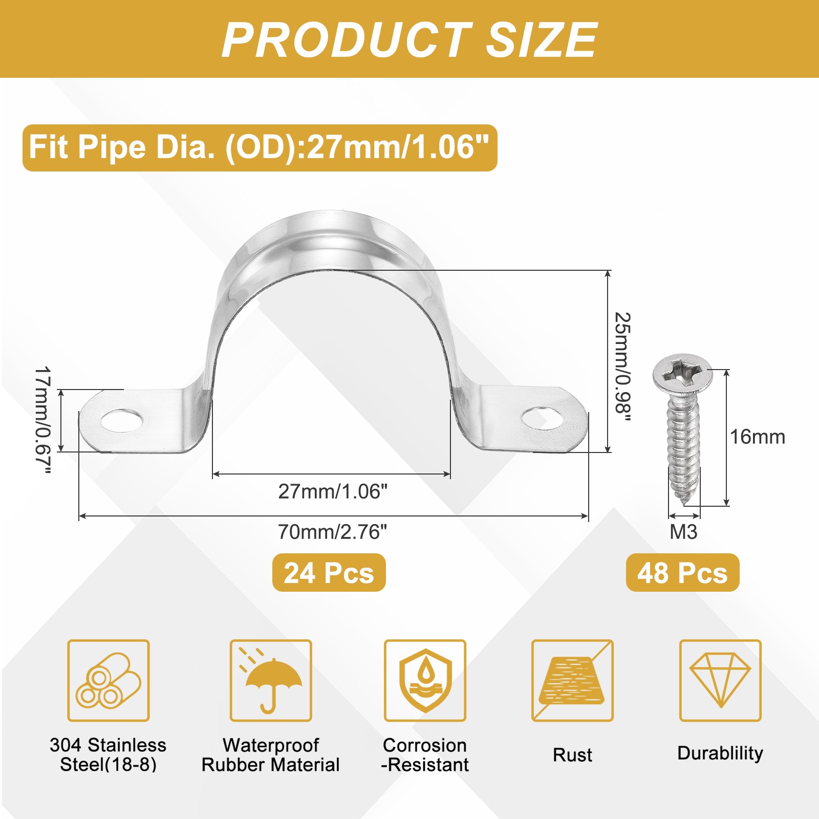 24Pcs 27mm(1-1/16″)304 Stainless Steel Rigid Pipe Strap with Screws, Silver