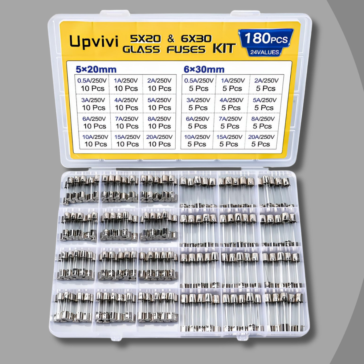 Fast Blow Glass Fuse Assortment Kit, 24 Values Glass Fuses 250V 5X20Mm 0.5A 1A 2