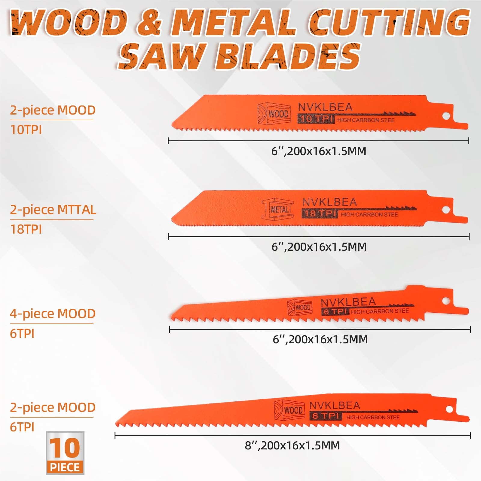 10-Piece Reciprocating Saw Blades 6 & 8 Inch Wood & Metal Cutting orange-red