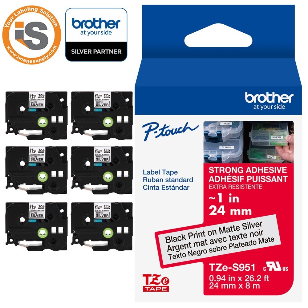 Genuine Brother TZe-S951 Strong Adhesive Black on Silver 1″ Label Tape *6-PACK*