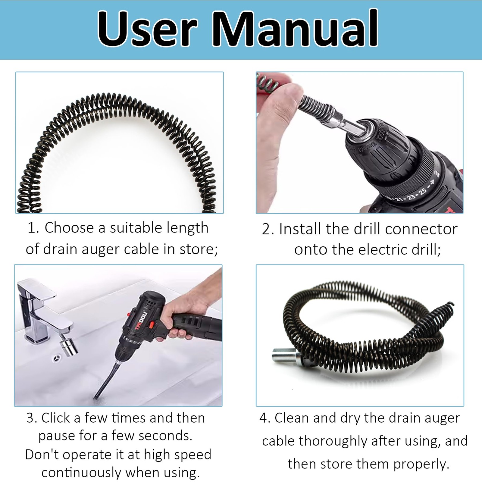 Drain Auger Snake Cable with Drill Adapter 6.5 Ft Heavy Duty