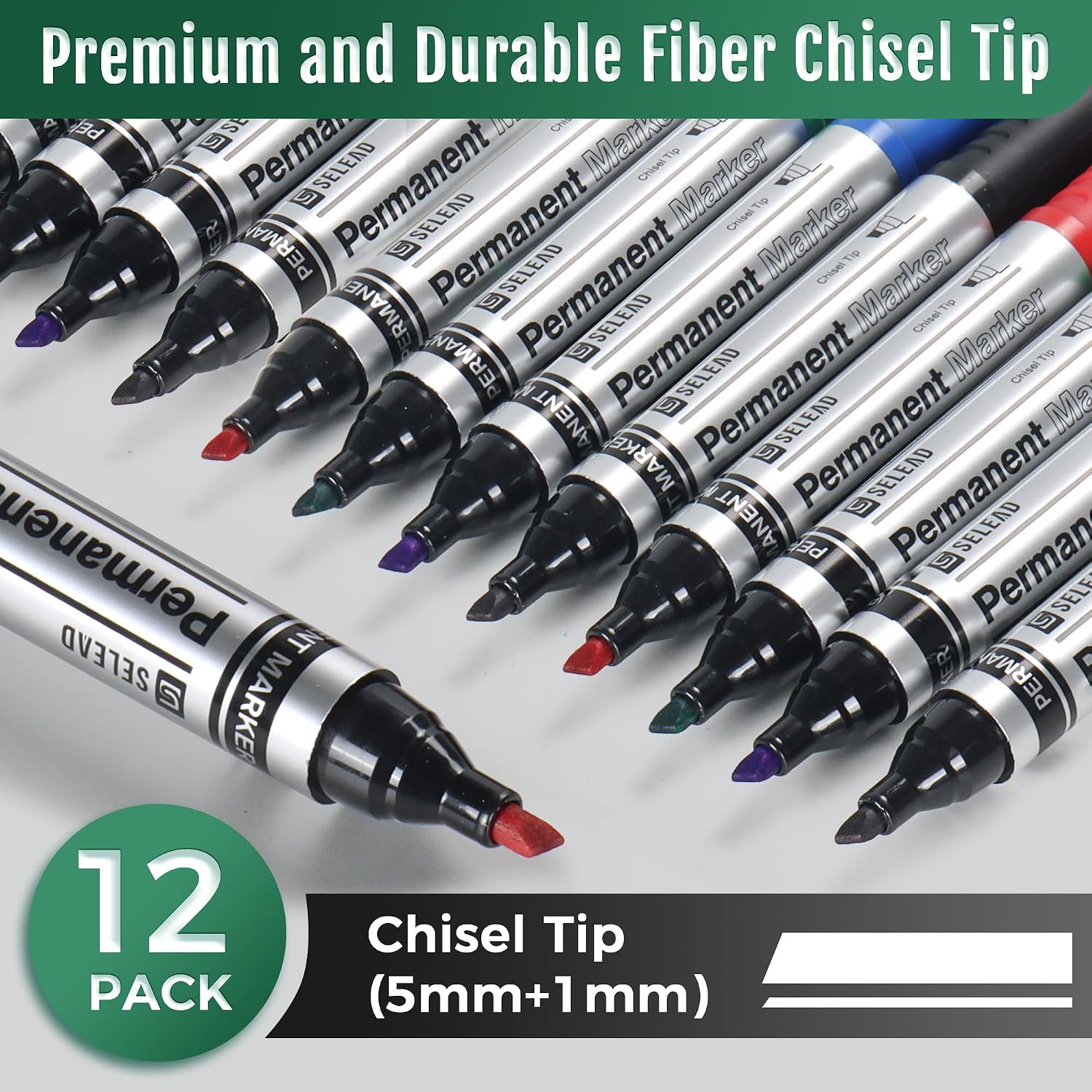 Large Permanent Markers Black Red Blue Green – 12 Pack Chisel Tip Waterproof Qui