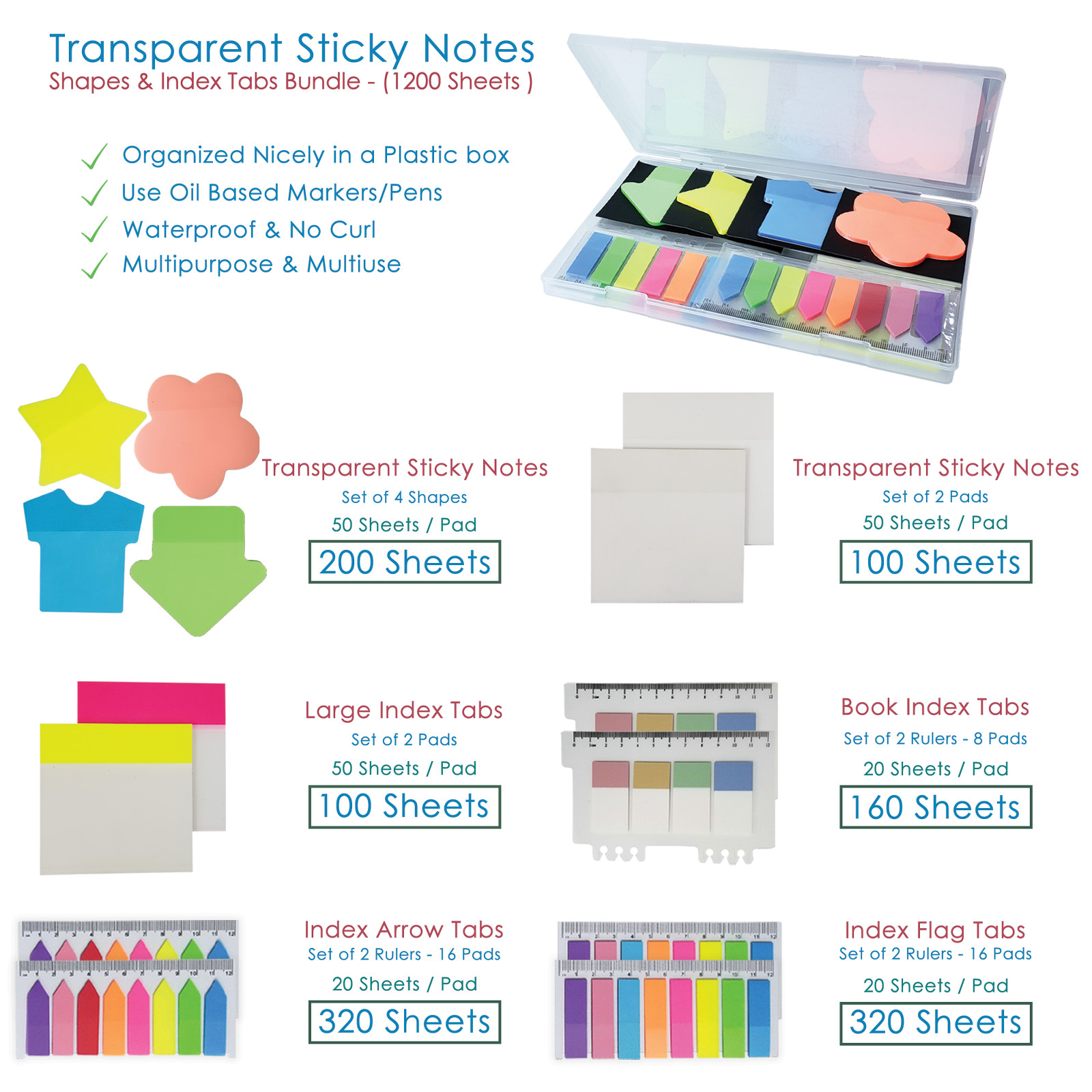 1200 Pcs Transparent Sticky Notes – Cute Sticky Notes Box Pack with Sticky Tabs