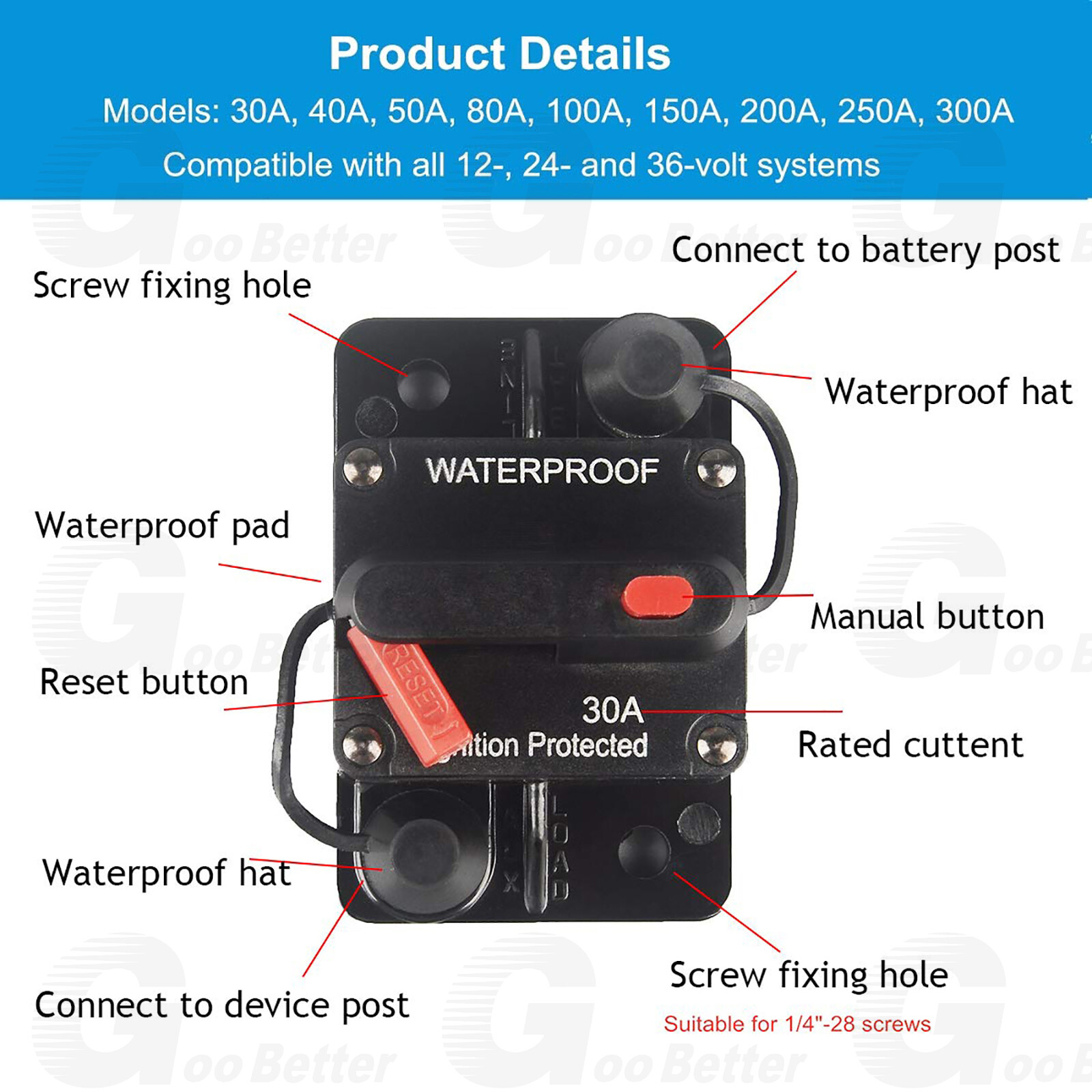 30-300Amp Waterproof Car Circuit Breaker Fuse Reset for Boat Auto RV DC 12V-48V