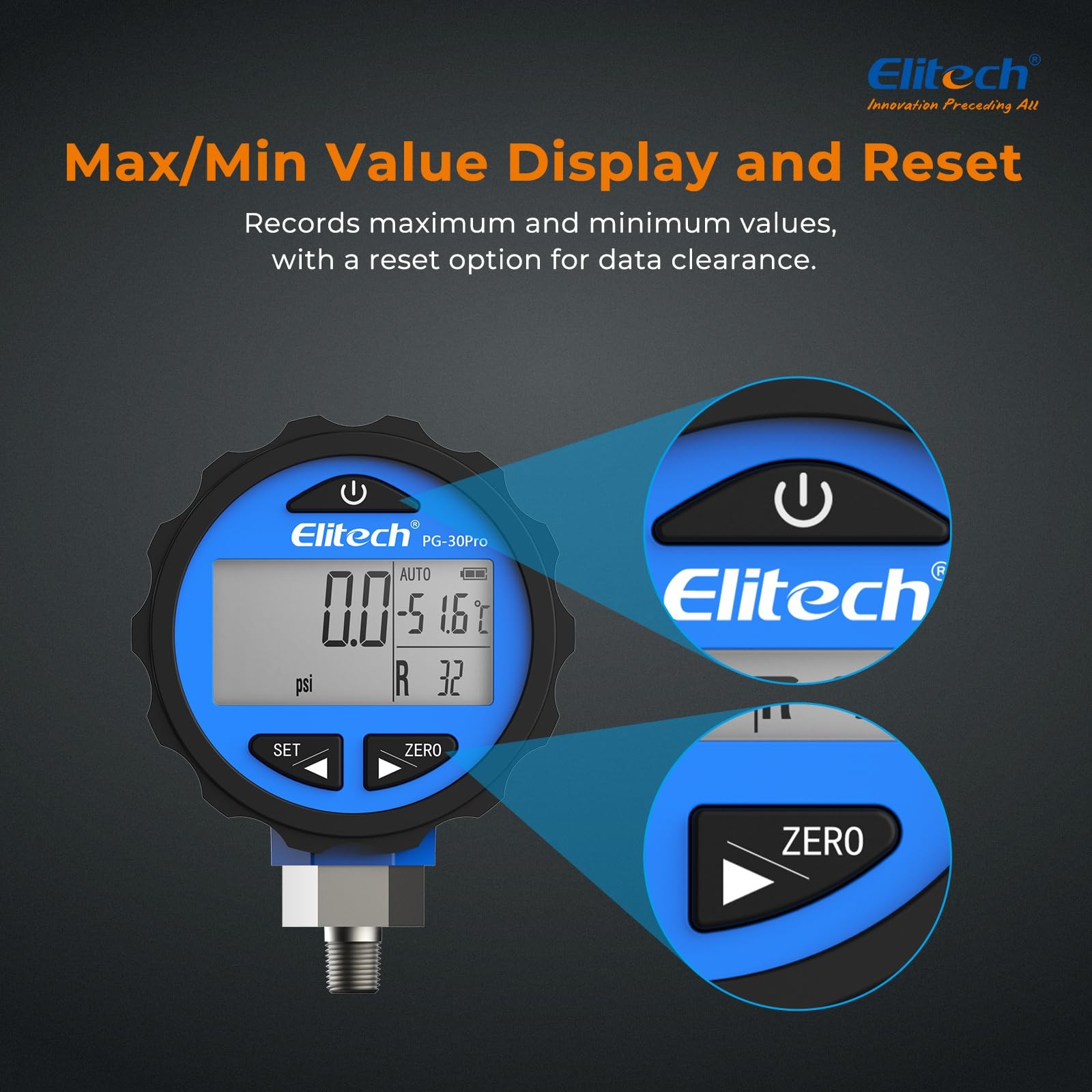 Elitech PG-30Pro Blue Refrigeration HVAC Digital -14.5-500 PSI, PG-30Pro-Blue