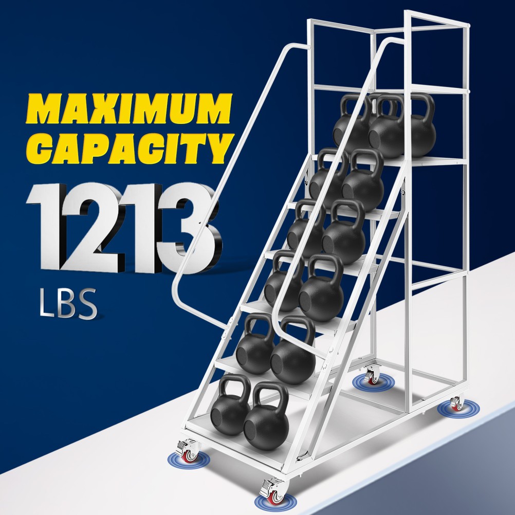 6 Step Rolling Warehouse Step Ladder, Movable Platform Ladder with Locking Wheel