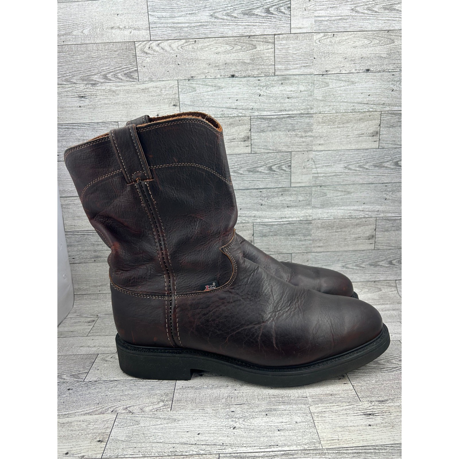 Justin Dark Brown Leather Work Boots Pull On Roper Round Toe Oil Resist Men 12D