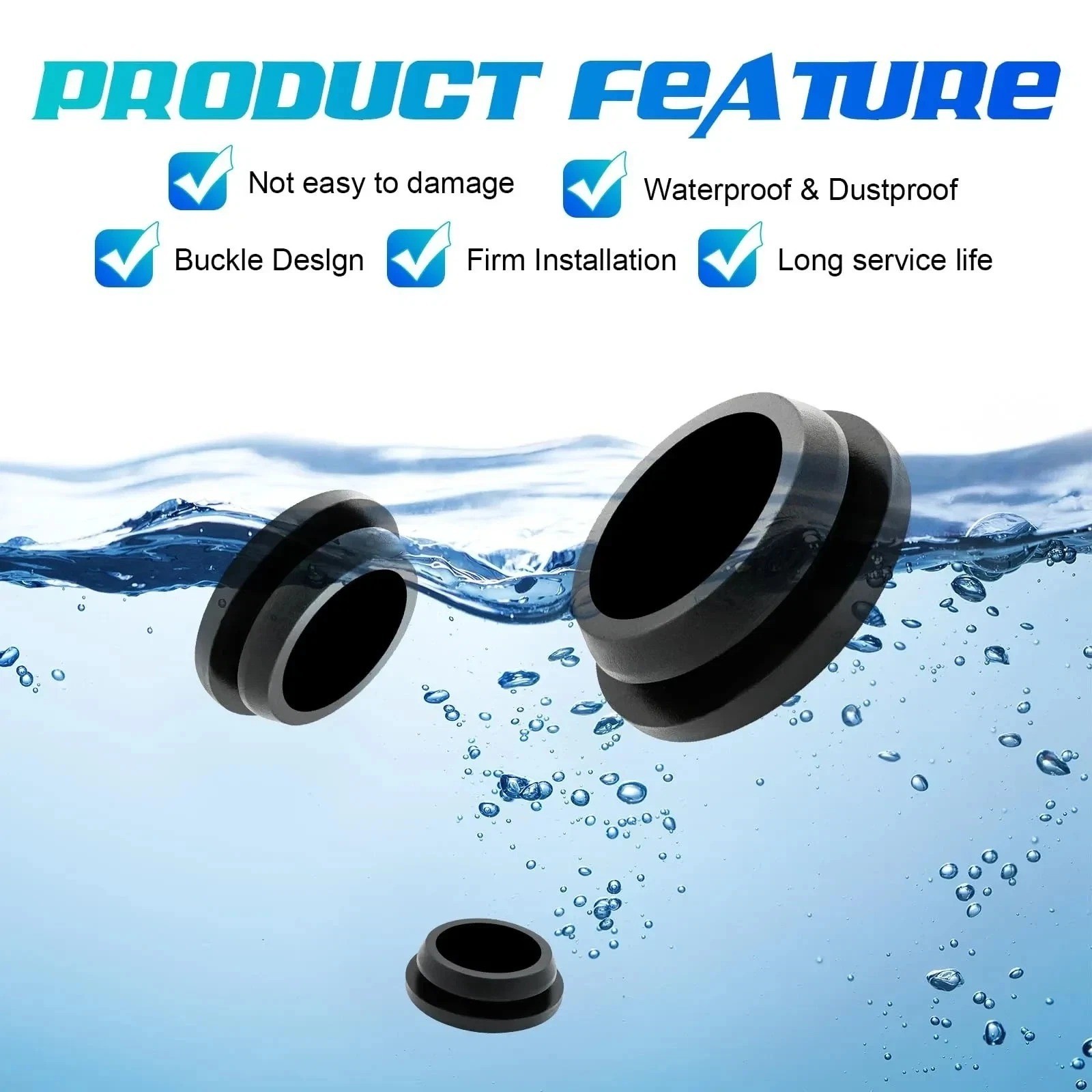 125PCS Rubber Hole Plugs Set 8 Sizes Black Silicone Round Snap Locking Grommets