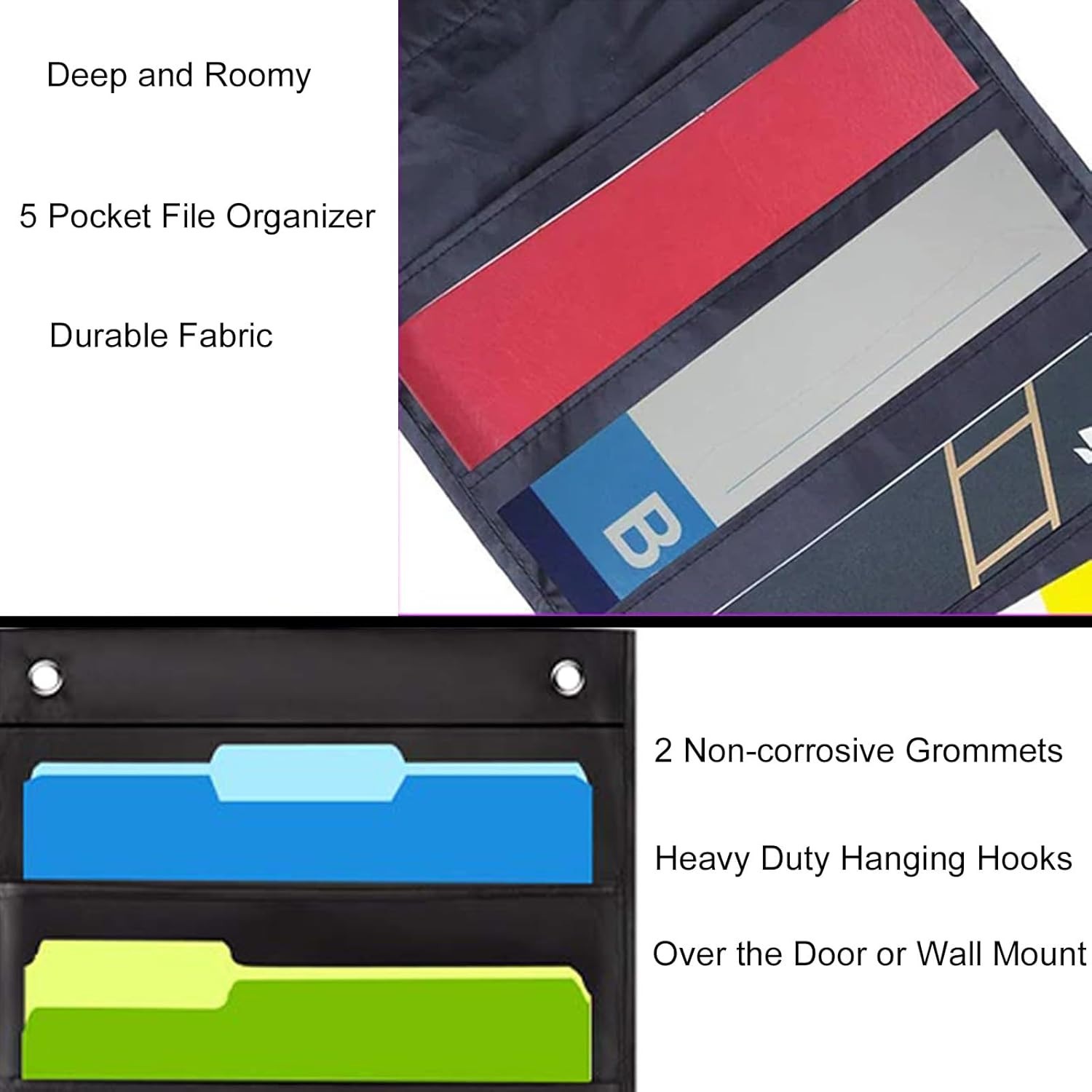 Hanging Wall File Organizer, 5 Pocket, Black Wall Storage Pocket Charts with 2 H