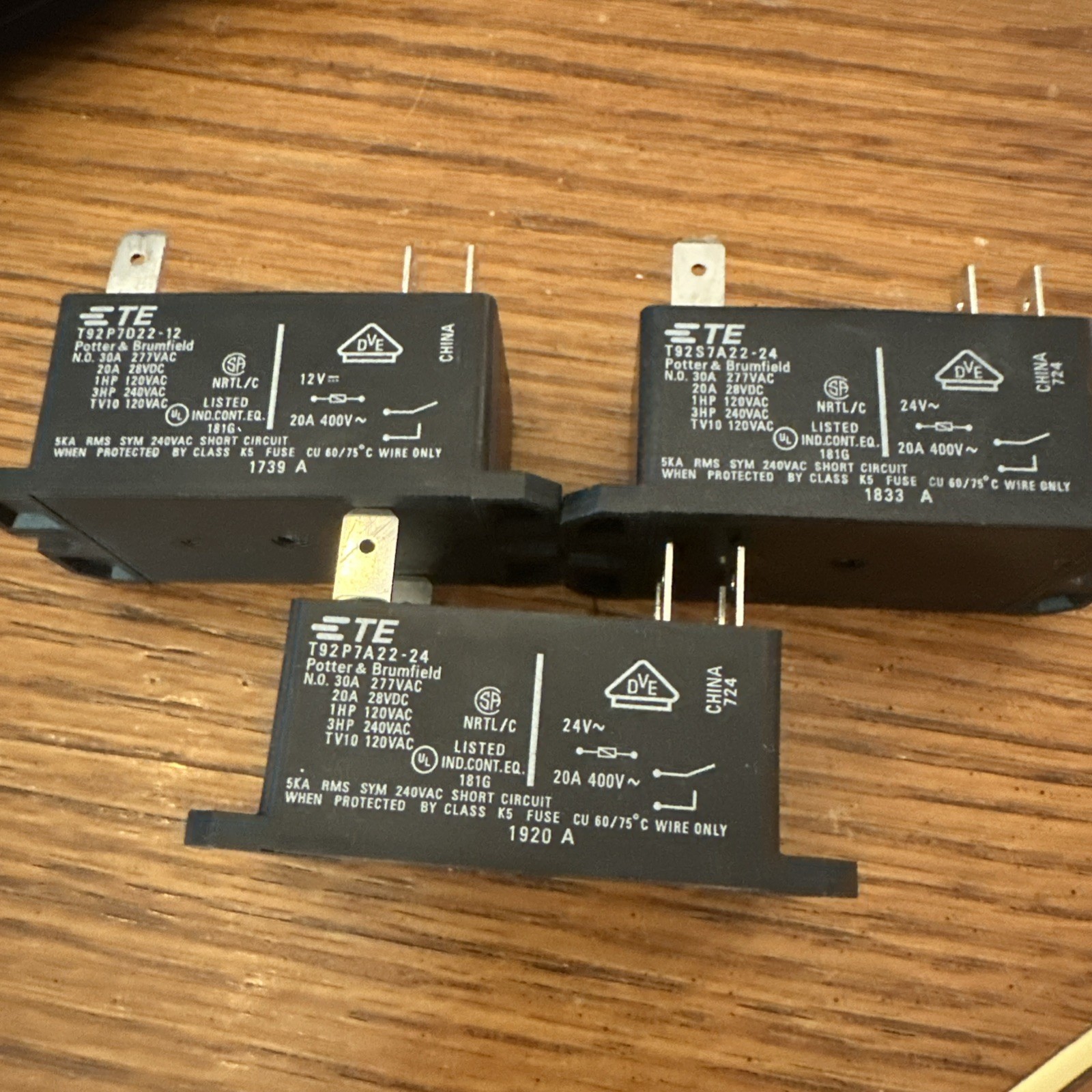 Set Of 3 TE/Tyco Power Relay T92P7A22-120 30A DPST 120v New 6 pin