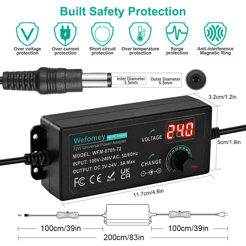 Universal Power Supply 3V~24V 3A 72W Adjustable Variable 3V 5V 9V 12V 18V 2