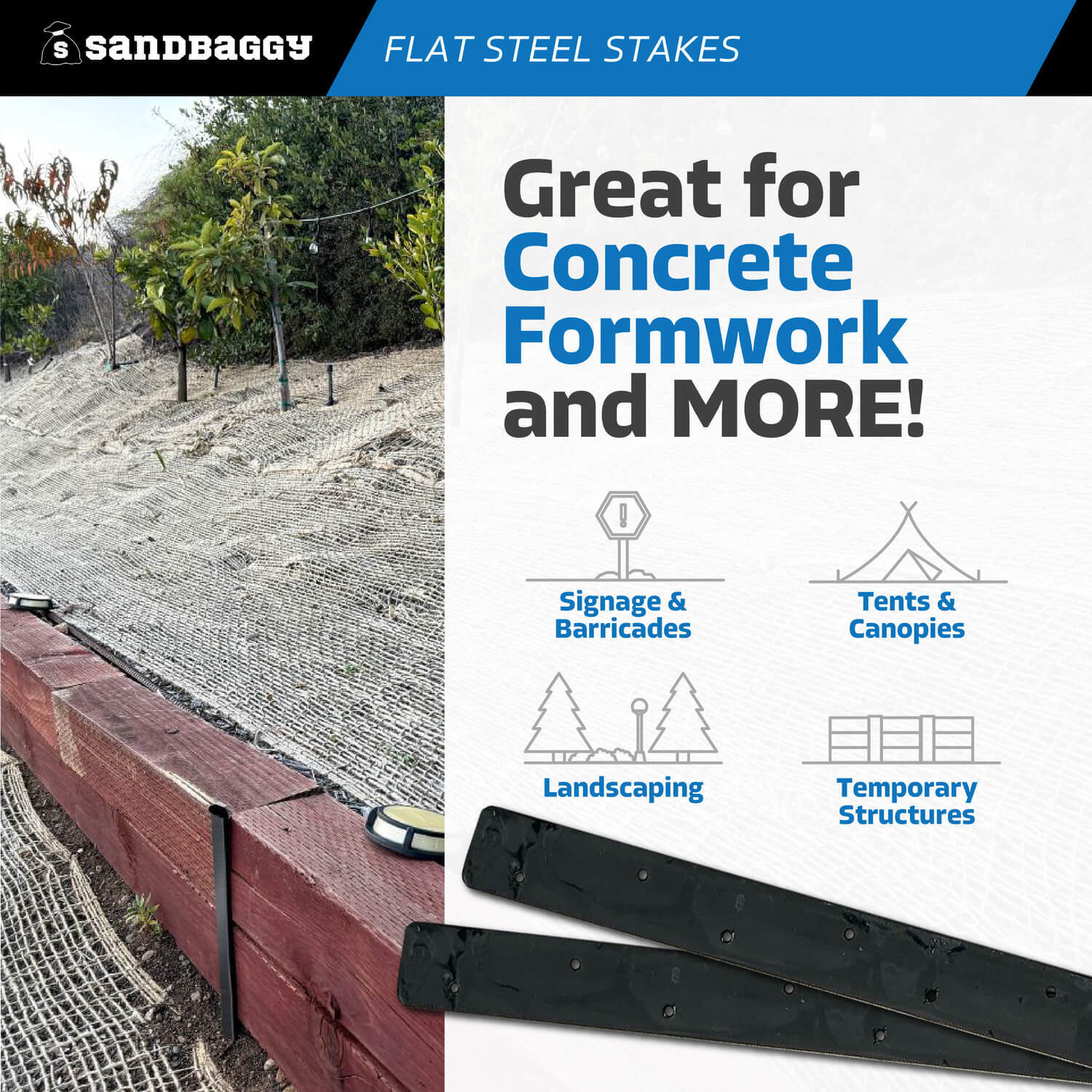 Sandbaggy 30″ Flat Steel Stakes For Concrete Forms With Nail Holes – Reusable