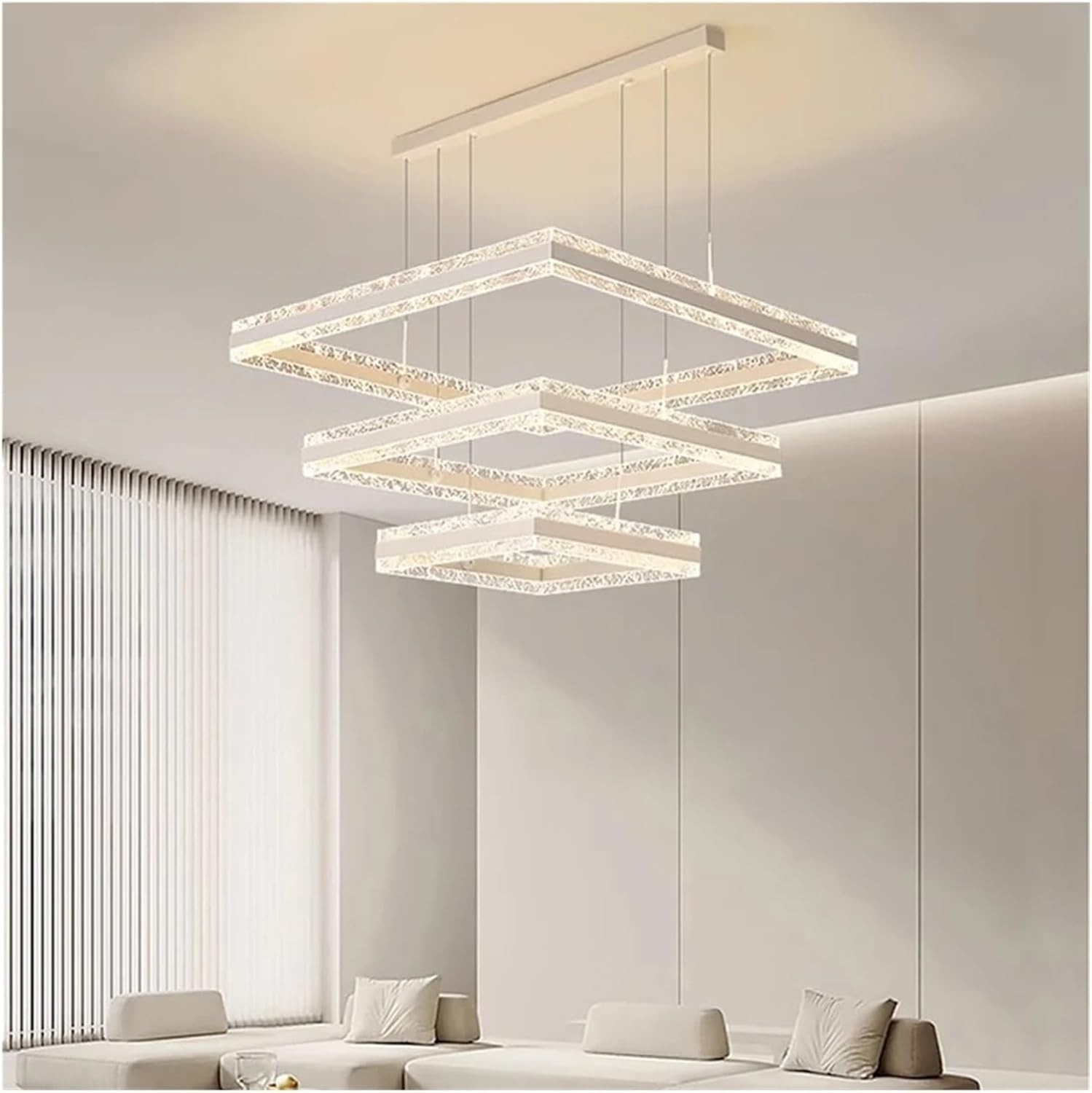 3-Ring Square LED Chandelier Modern Ceiling Light Remote Dimmable Fixture