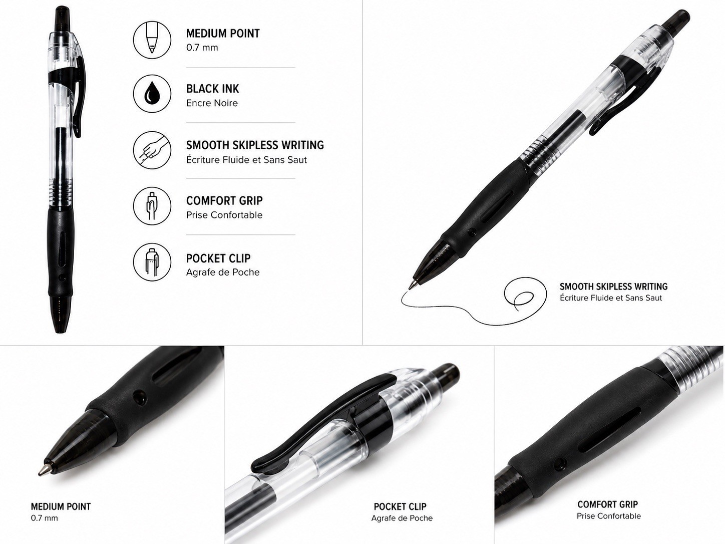 3 Pack Black Gel Pens 0.7mm Medium Point Smooth Writing Comfort Grip Black Ink