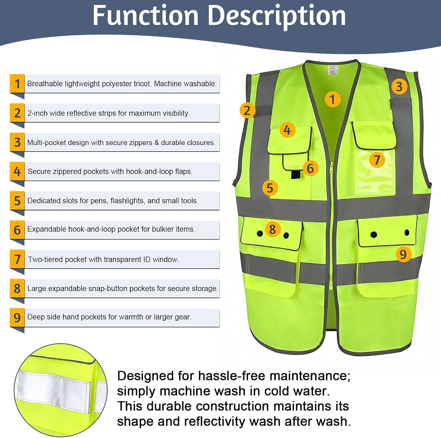 Class 2 High Visibility Safety Vest with Zipper Front, 9 Pockets & Reflective