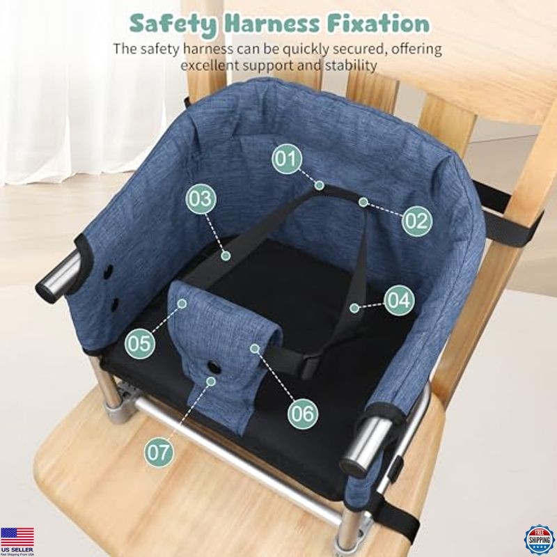 Navy Blue Portable Toddler Booster Seat – Adjustable Height, Safety Buckle,