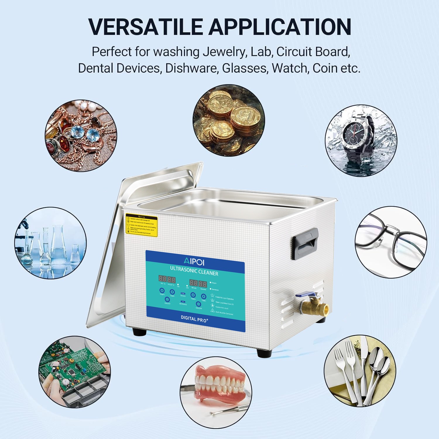 AIPOI 10L Ultrasonic Cleaner with Timer Heating Machine Digital Sonic Cleaner