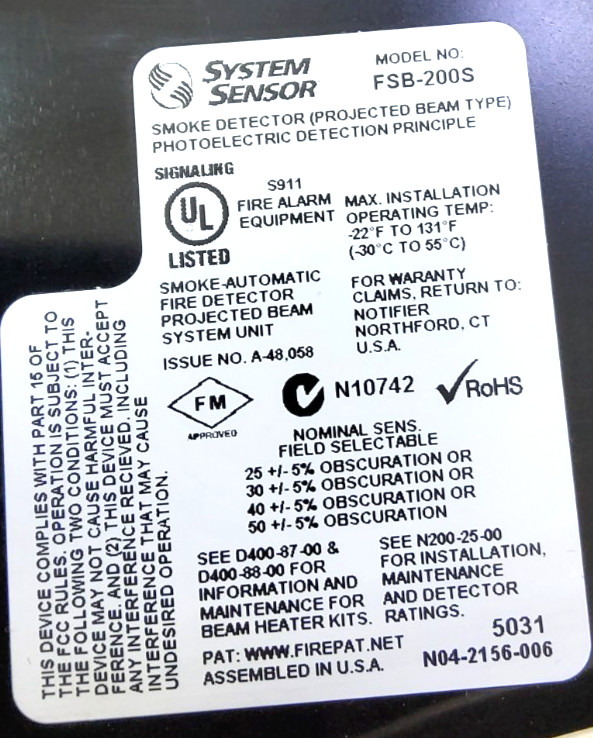 SYSTEM SENSOR FSB-200S SMOKE DETECTOR