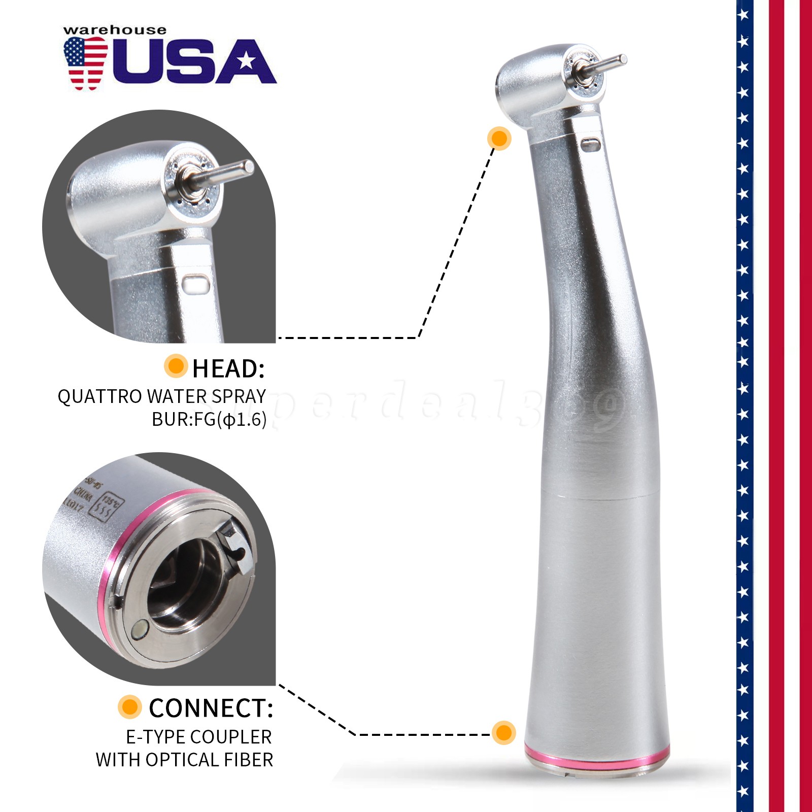 Yabangbang Dental Electric Handpiece 1:5 Contra Angle LED Optic High Speed 1-10