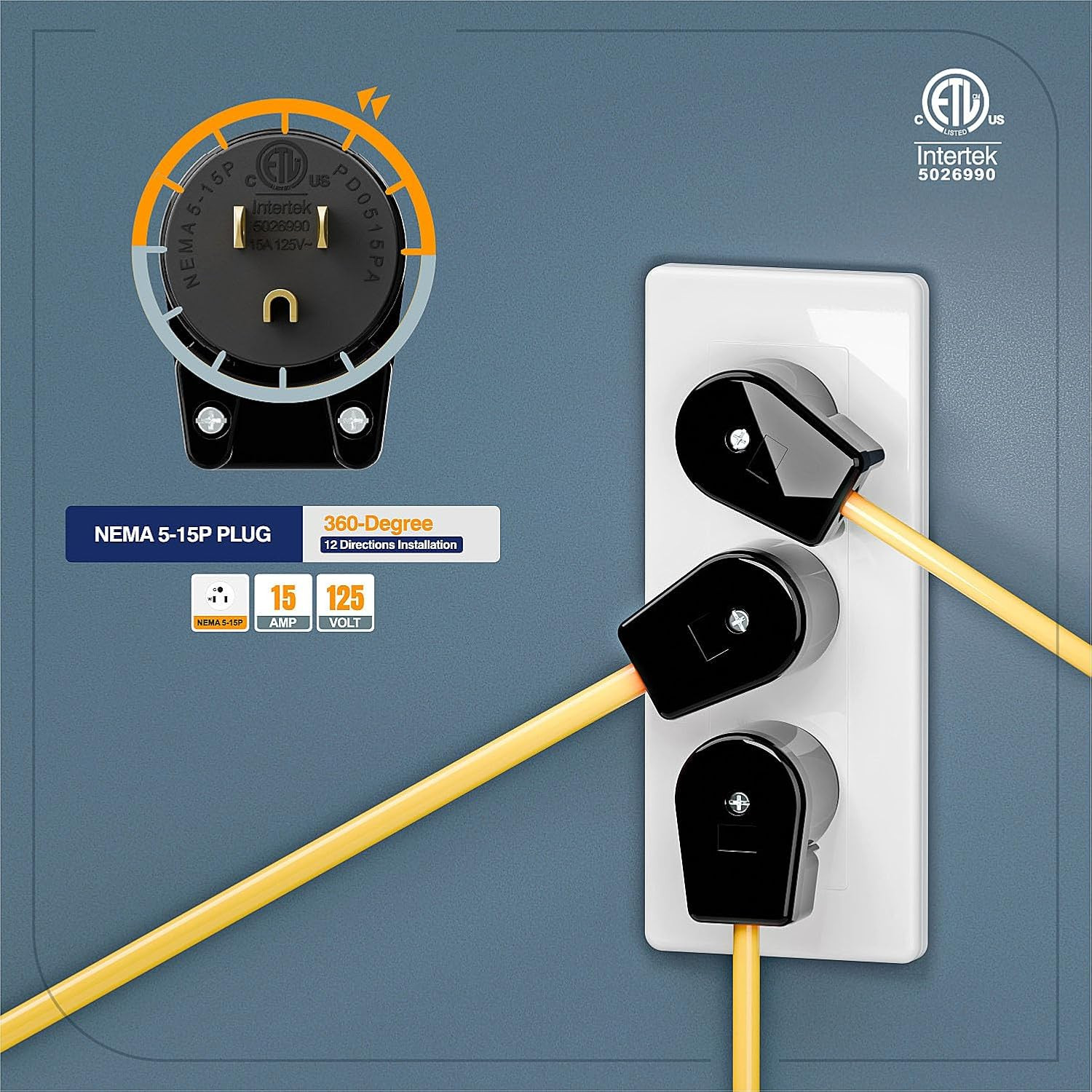 (5PACK) ETL Listed 90 Degree USA Canada Male Plug Nema 5-15P 3 Pole Angle DIY Pl