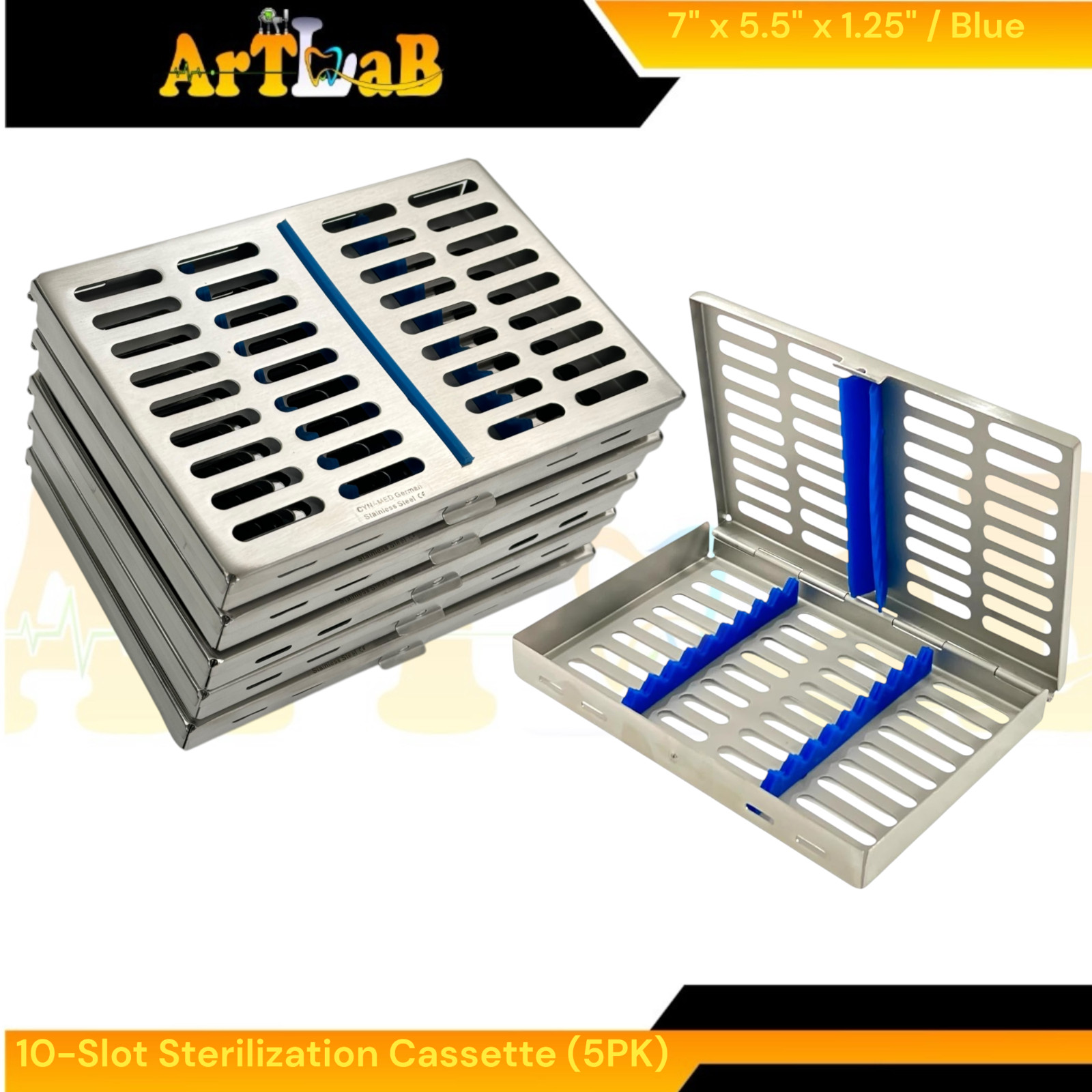7in x 5.5in x 1.25in Sterilization Cassettes with 10-Slot Inserts Pack of 5