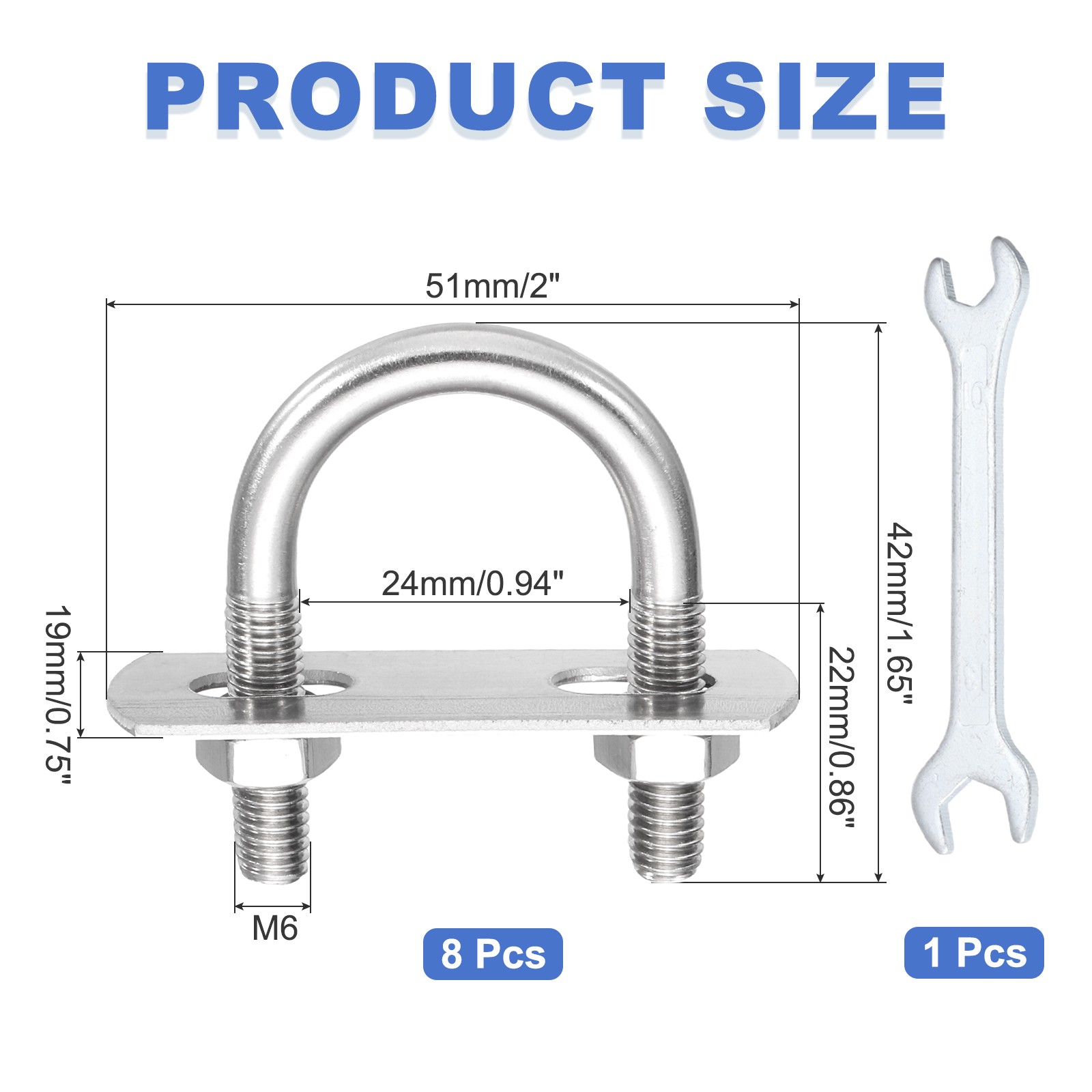 8Pcs M6 U-Bolts, Stainless Steel 0.94In(24mm) Inner Width 1.65In(42mm) Long