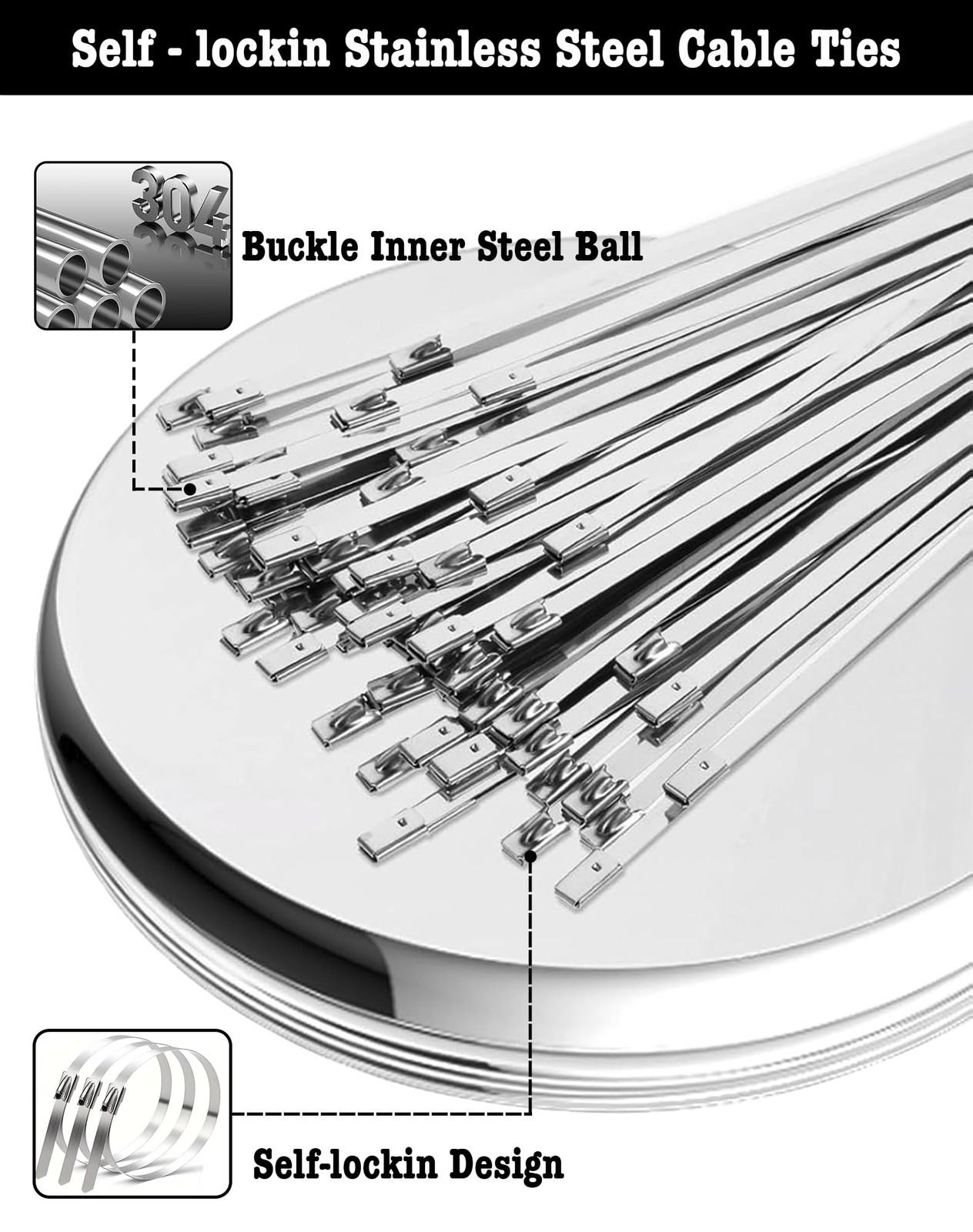 50Pcs Metal Zip Ties 11.8 Inch 304 Stainless Steel Zip Ties, Heavy Duty Multi-Pu