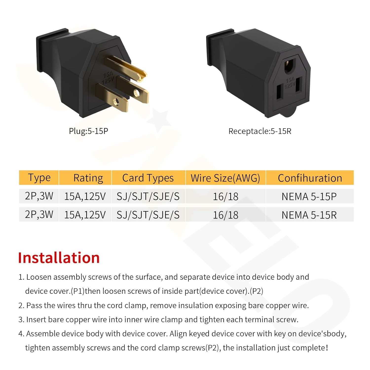 STARELO Extension Cord Ends 125V 15A 2Pole 3Wire Male Plug and Female Black