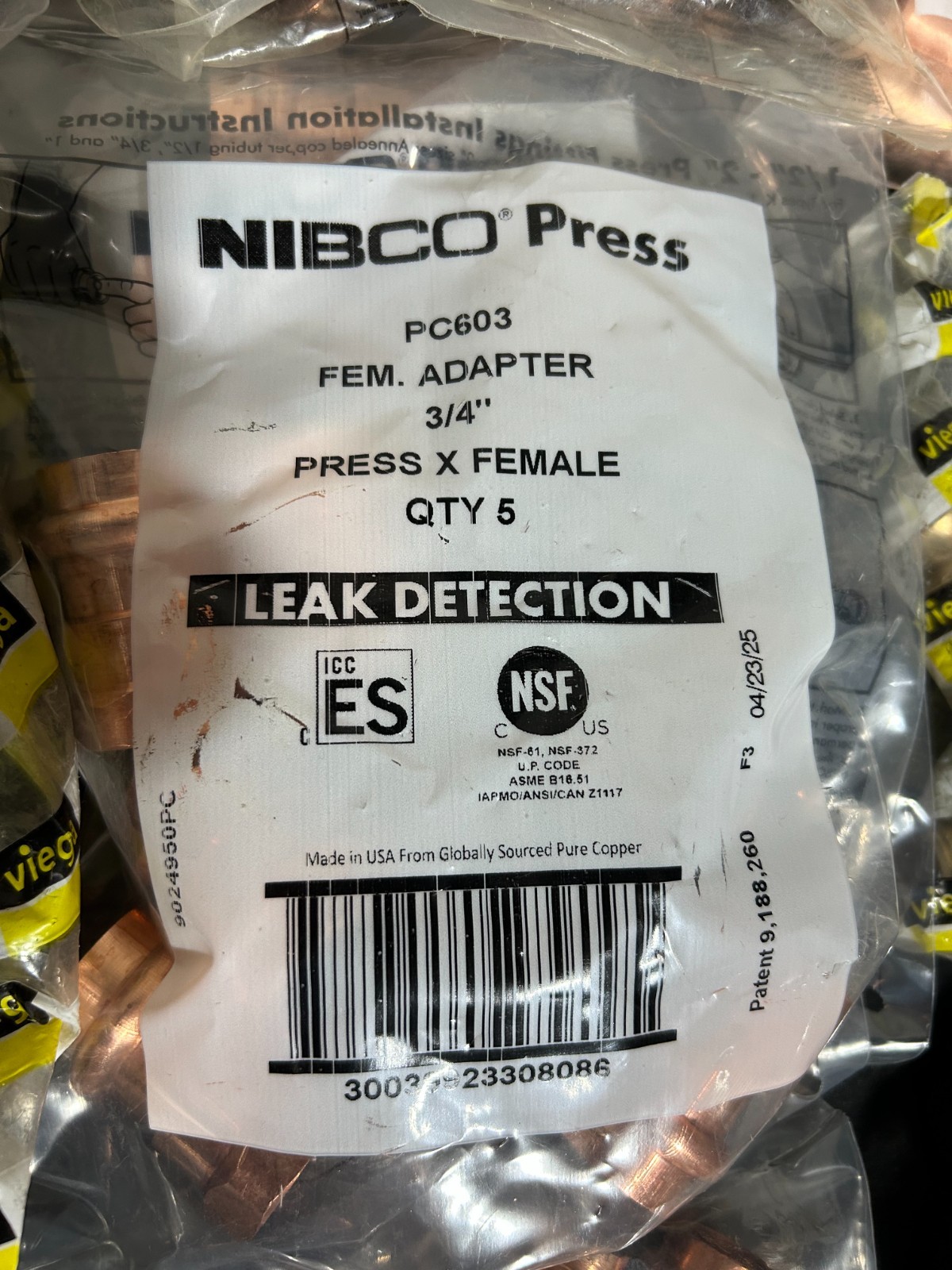 125 – NIBCO VIEGA PROPRESS COPPER PRO PRESS FITTINGS 3/4″ NIB. MADE IN USA