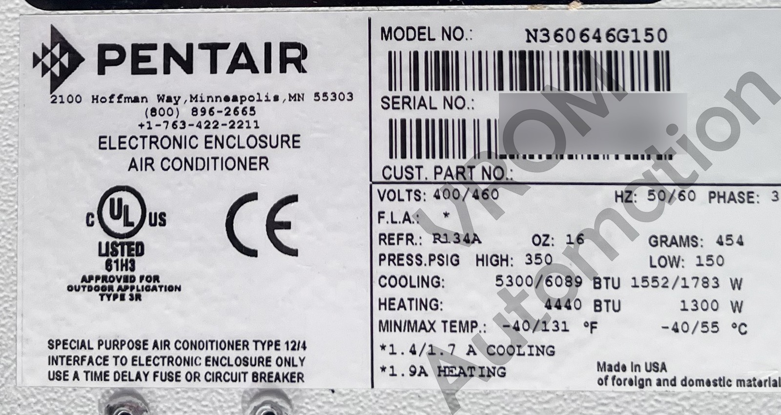 Surplus Pentair N360646G150 Industrial Enclosure Air Conditioner, 6000BTU 460V