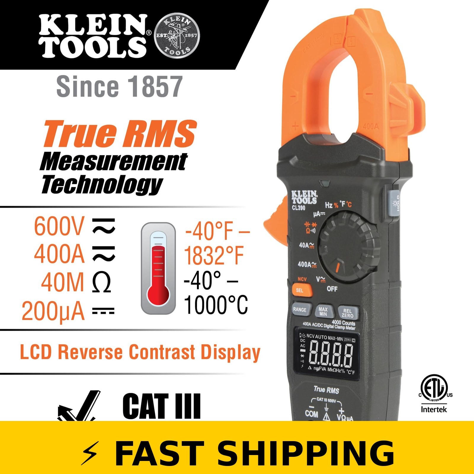 Klein Tools CL390 Digital Clamp Meter, 400 Amp, Hi-Viz LCD Display