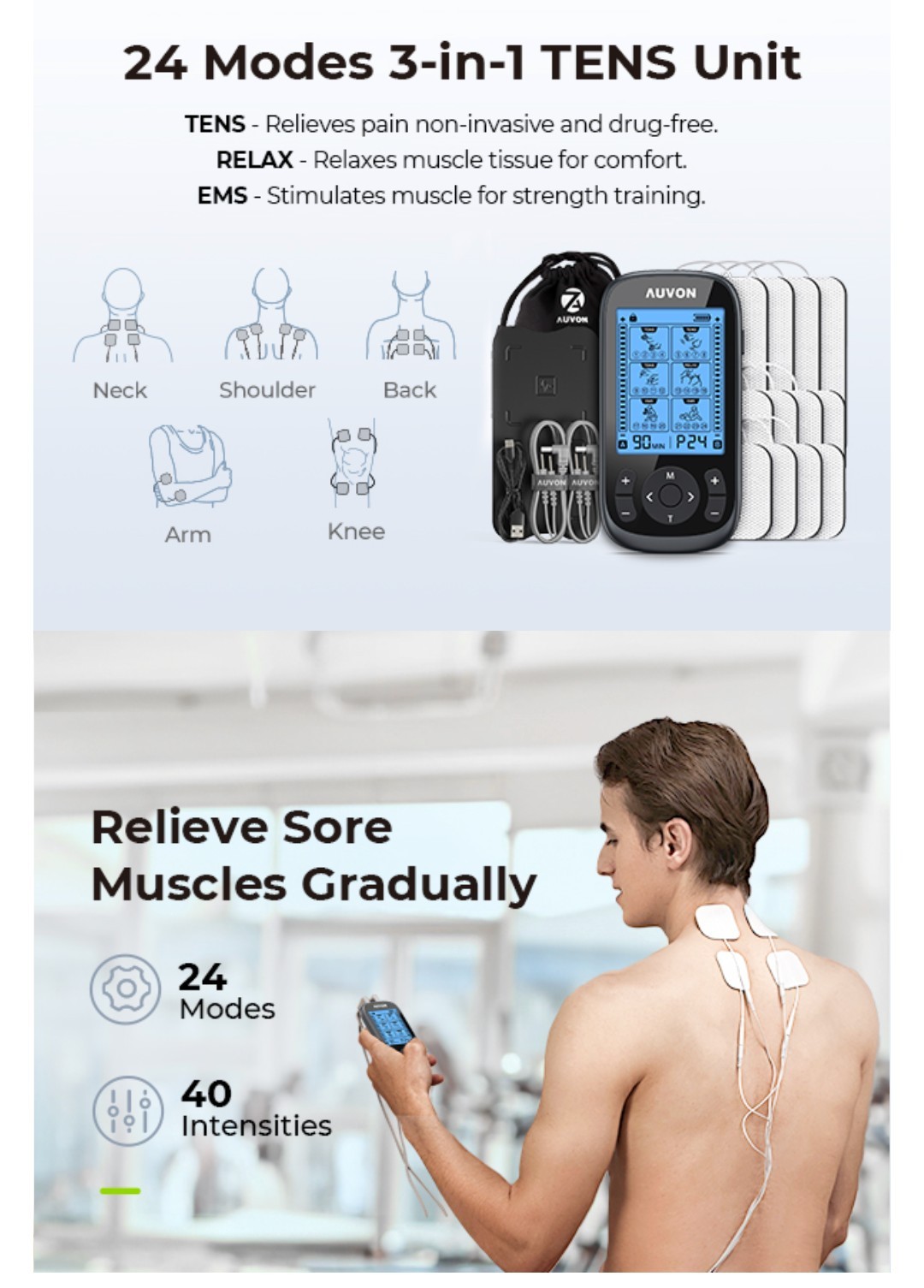 AUVON TENS EMS Unit Muscle Stimulator for Pain Relief – 24 Modes TA2224