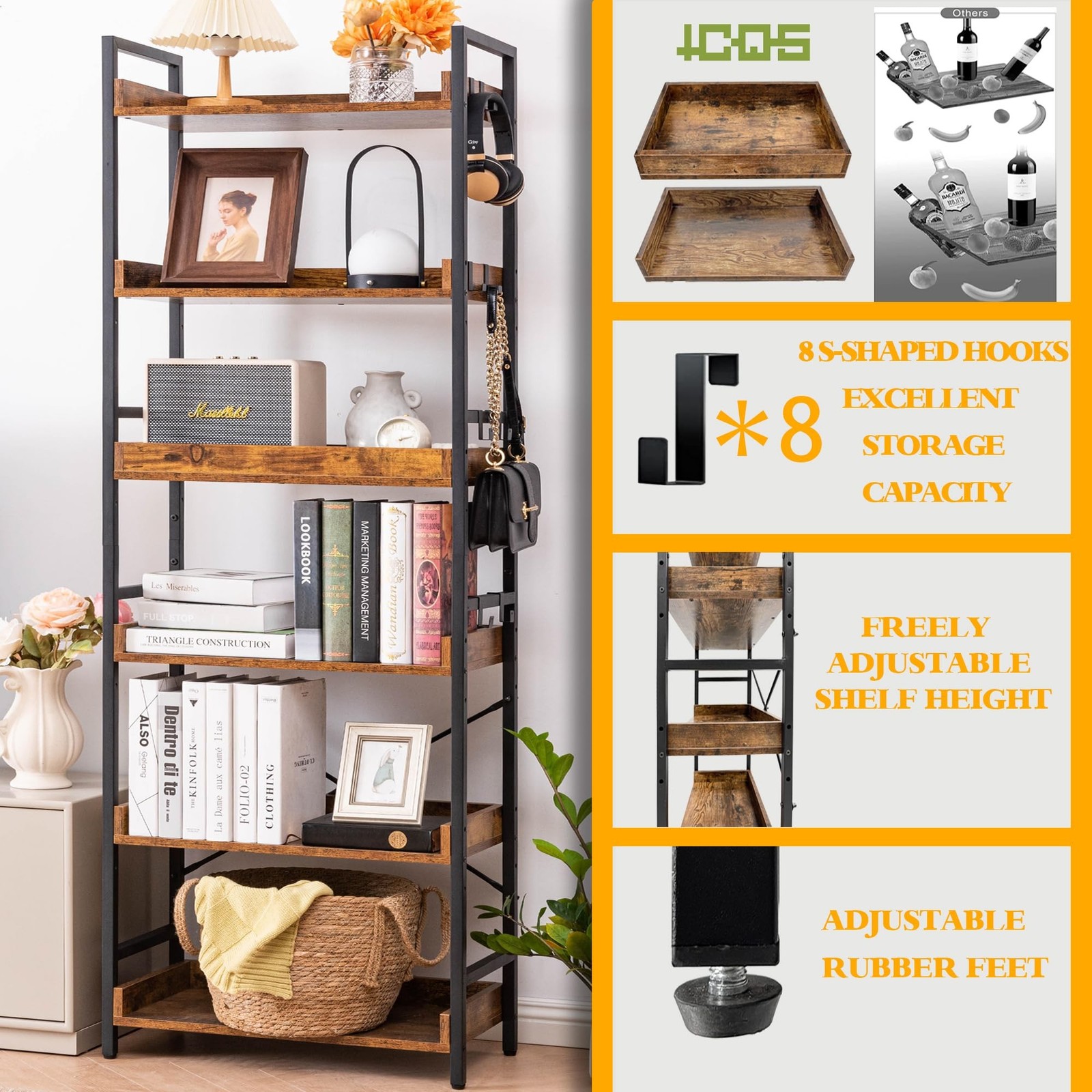 HCHQHS Adjustable 6 Tier Open Bookcase, Black Metal, Rustic Farmhouse