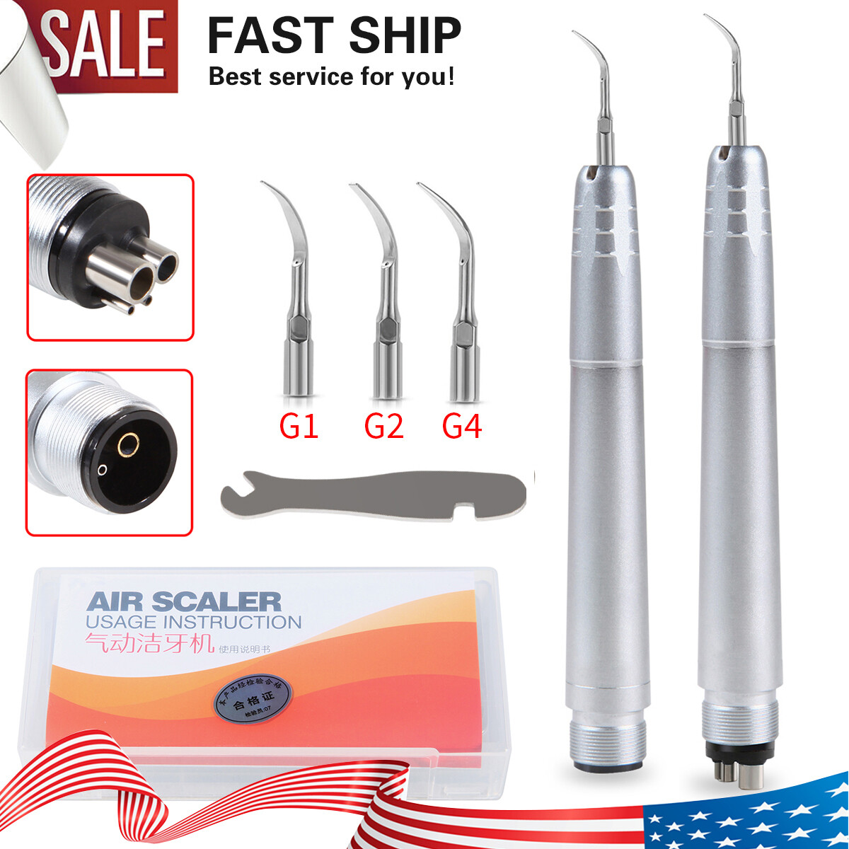 Dental Ultrasonic Air Scaler Handpiece Hygienist 2Hole/4Hole With 3 Tips USA