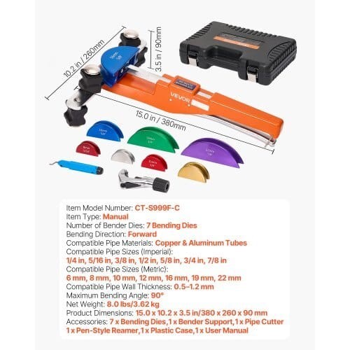 VEVOR CT-S999F-C Tubing Bender Kit 1/4 to 7/8 Inch Ratcheting Pipe Bender HVAC