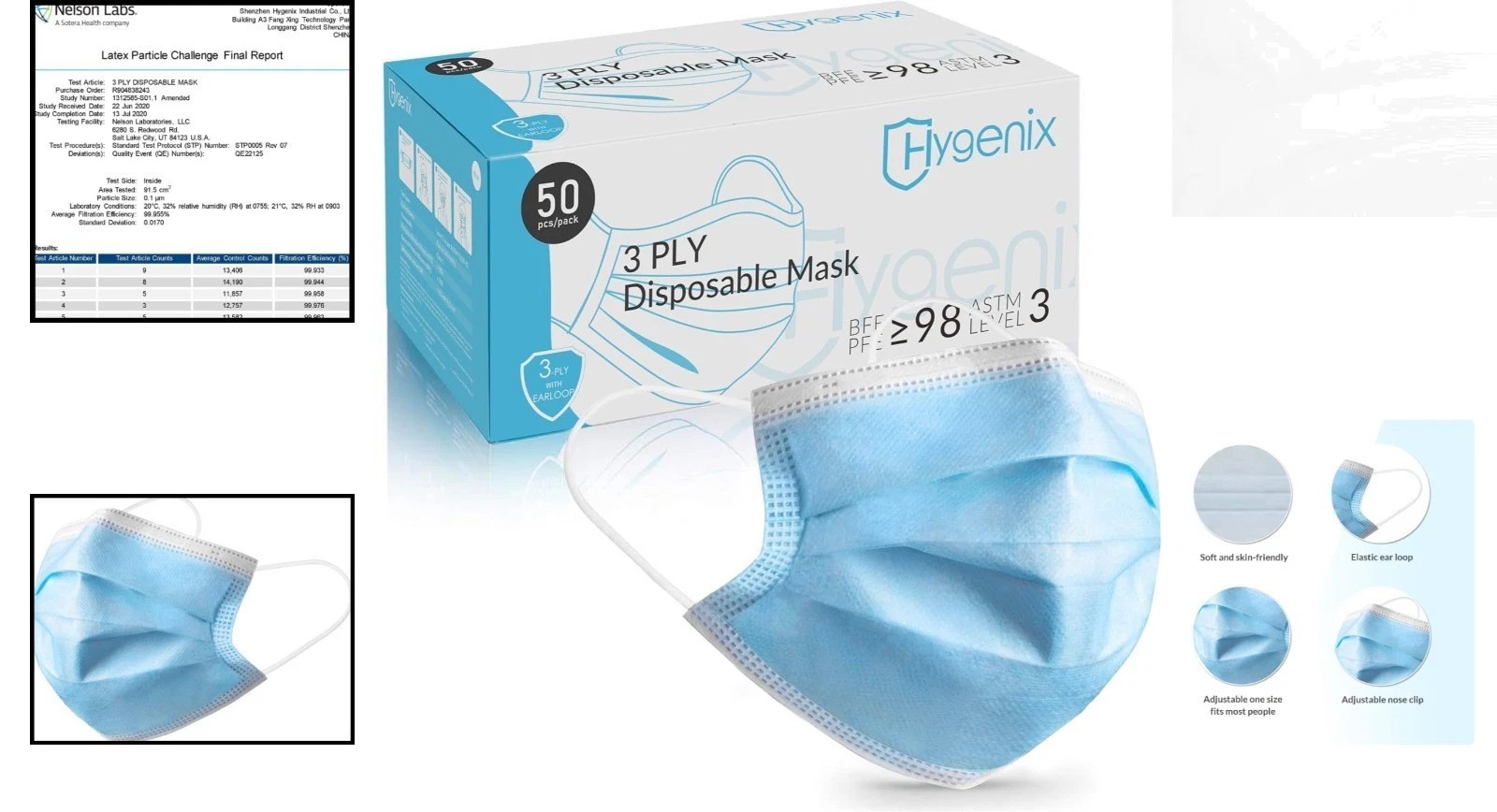 3-Ply Ear Loop Face Masks for Adults – 50 Count, High Filtration, Made in USA