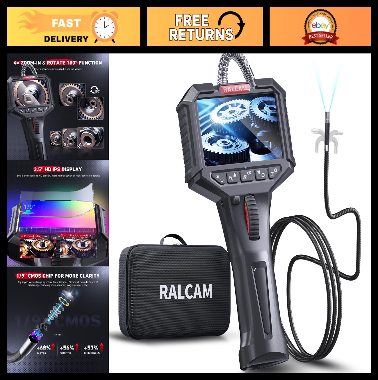 HD Two-Way Articulating Borescope Endoscope Camera with Light, 0.24in Probe, 3.3