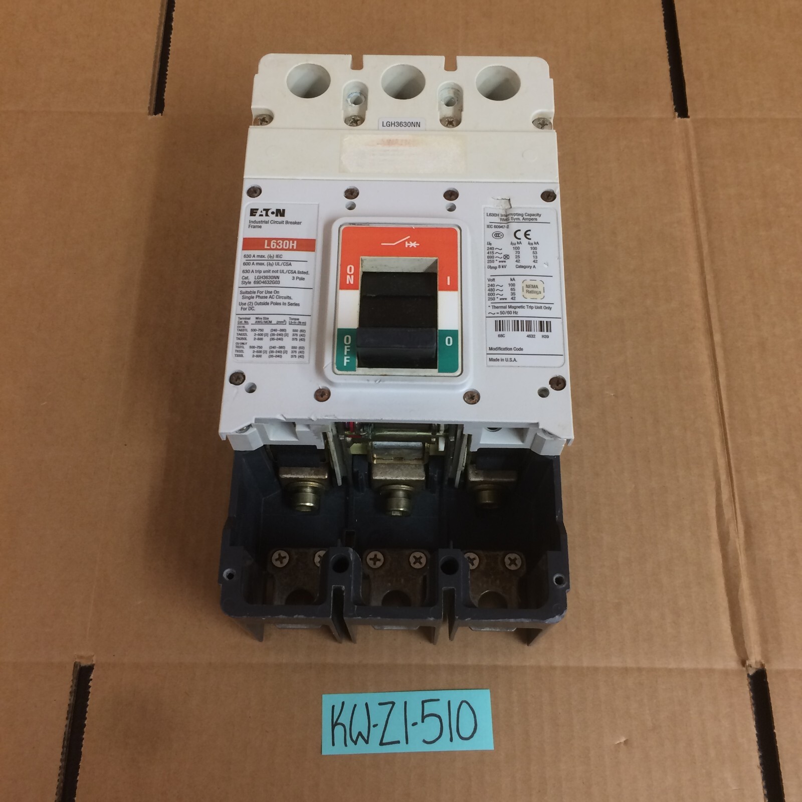 Eaton Cutler Hammer L630H LGH3630NN 600amp 3pole circuit breaker 480V 3P NICE!