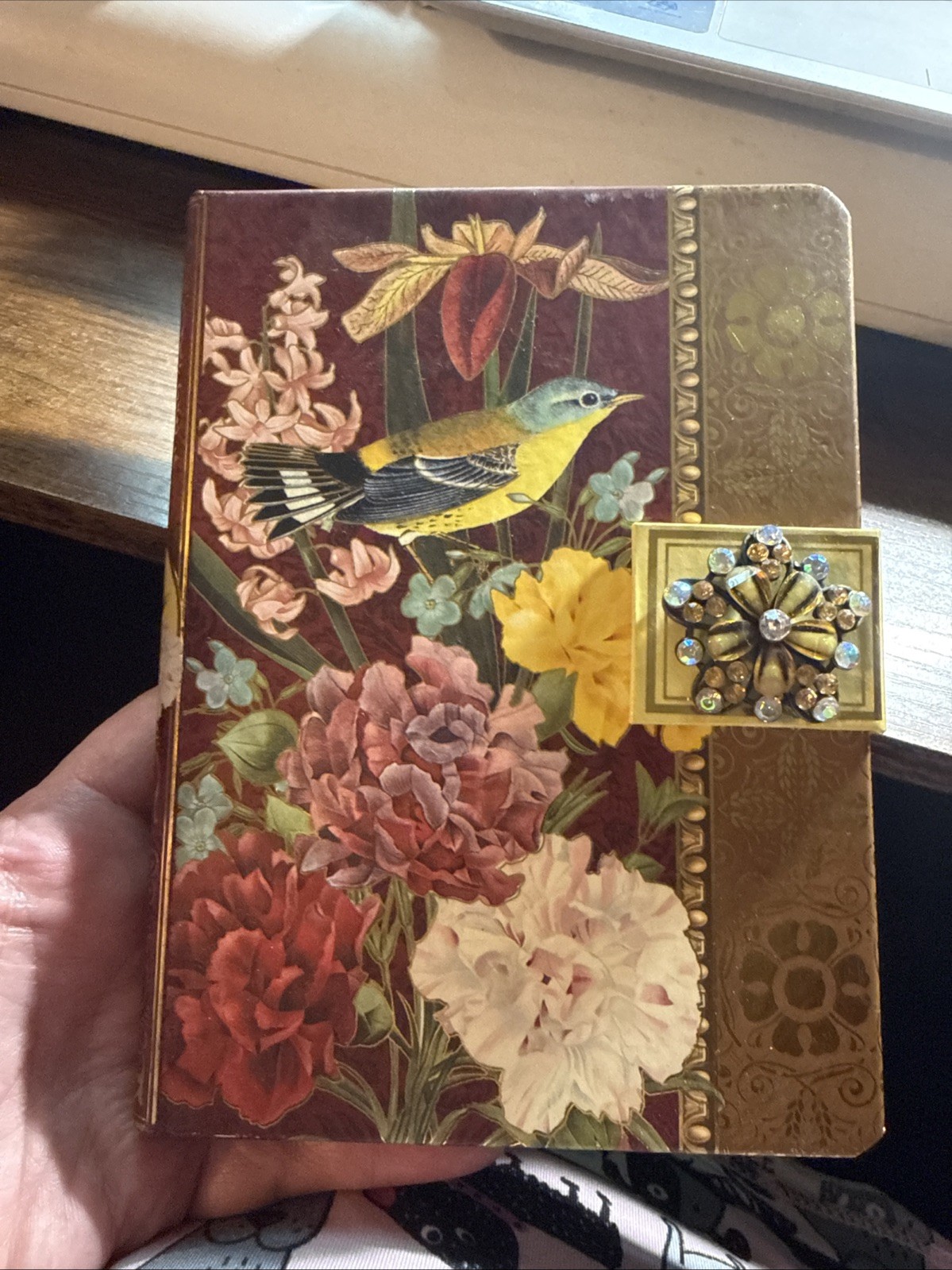 Punch Studio Journal Brooch – Bird Flowers Floral art Print Gold Accents