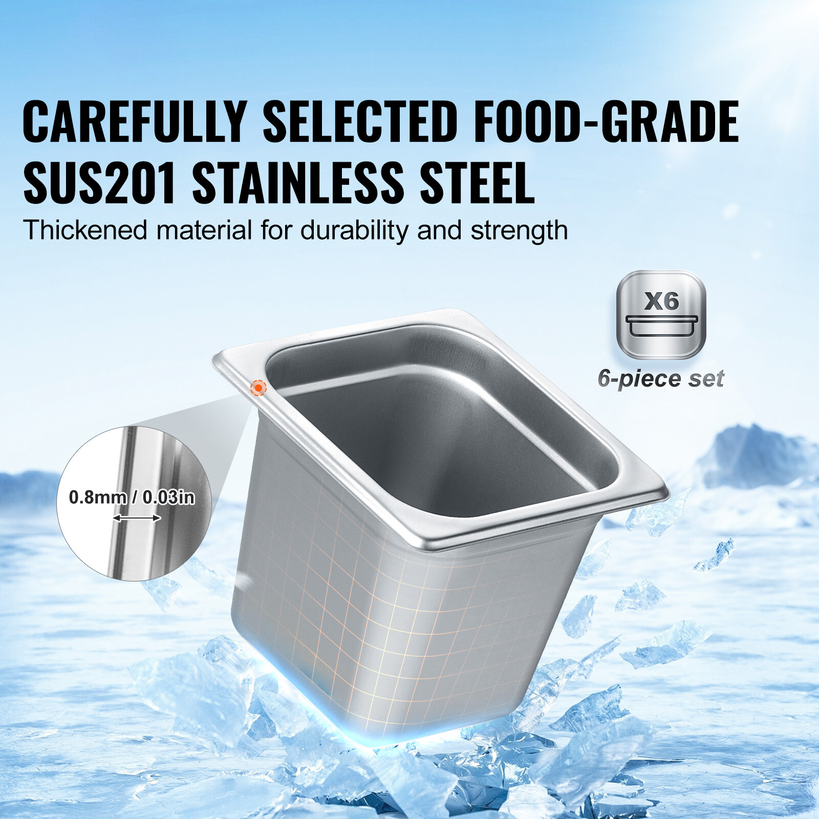 VEVOR 6 Pack 1/6 Size Hotel Pans Steam Table Pan Stainless Steel 6″ Deep