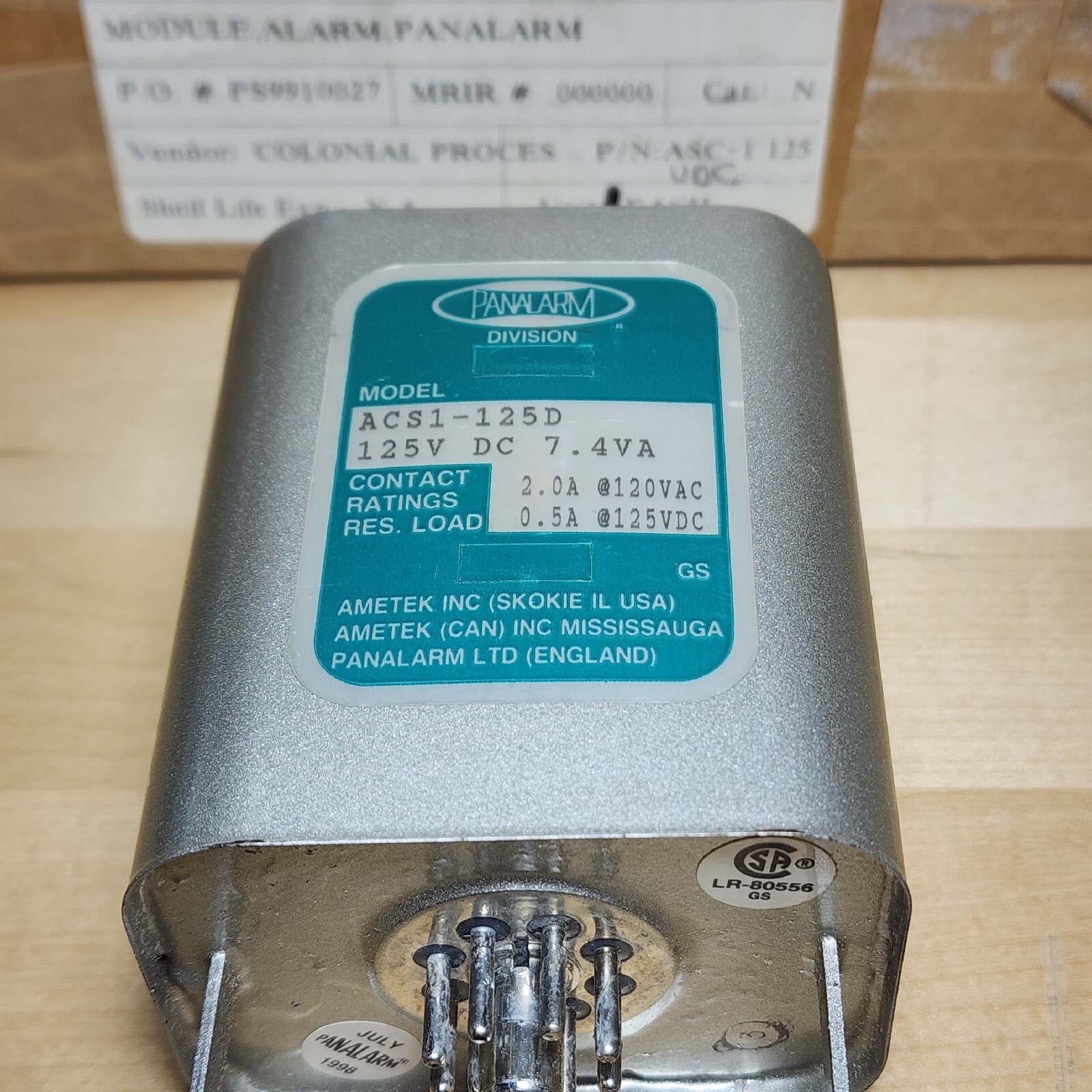 Ametek Panalarm ACS1-125D Plug-In Relay 125VDC