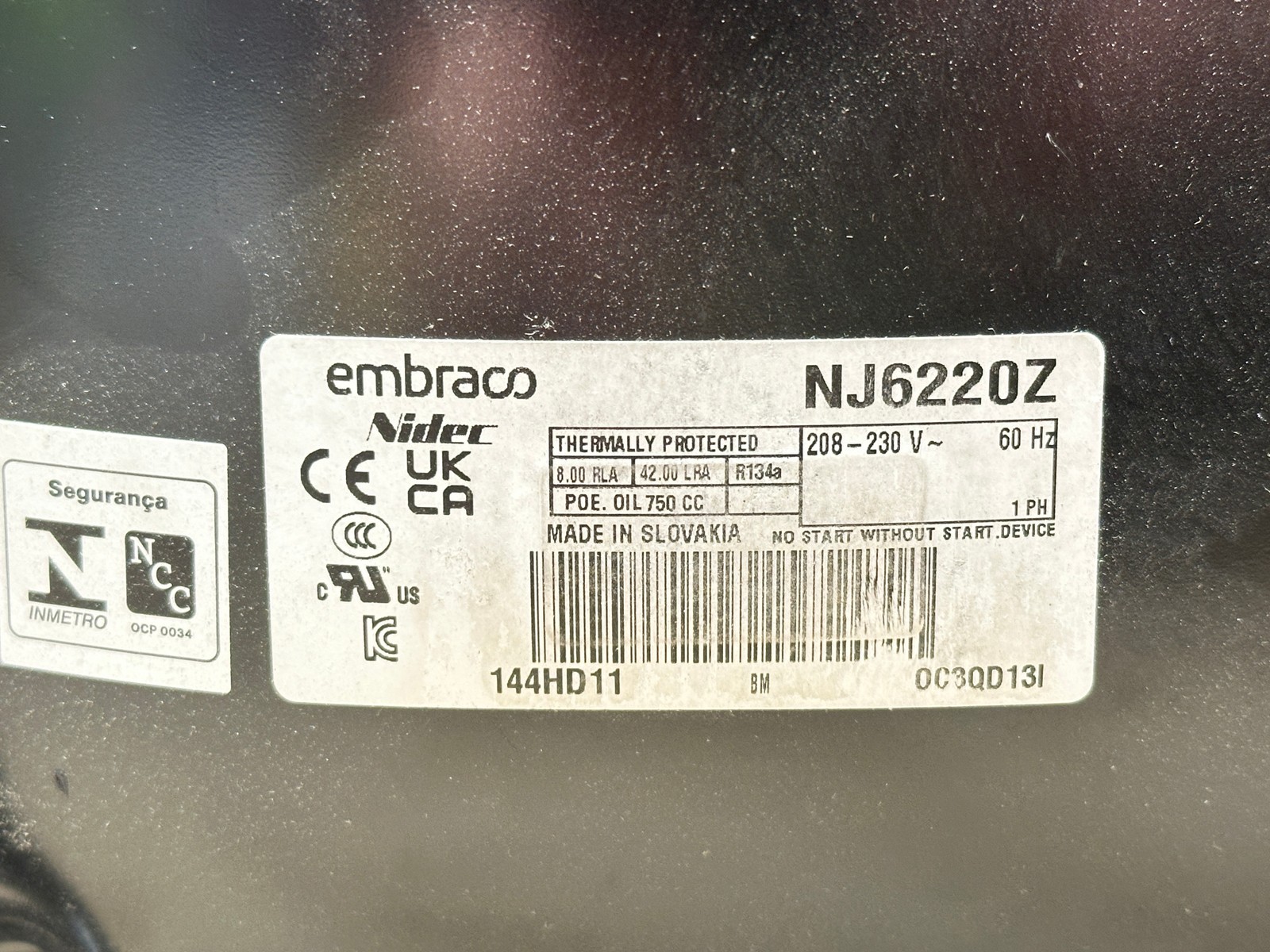 Embraco NJ6220Z Compressor 208-230V 1Ph R134a