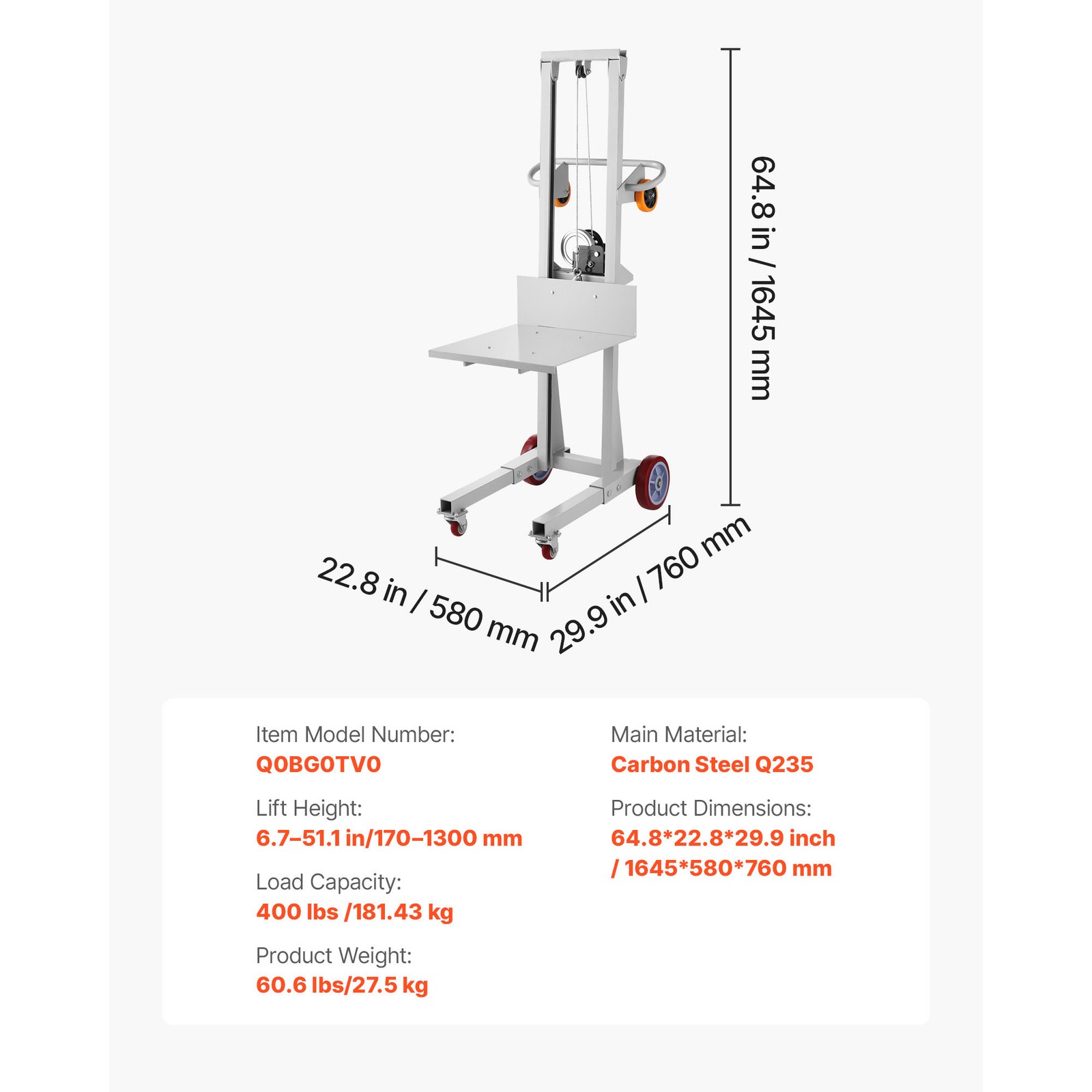 Uimoso Material Lift Winch Stacker 400 lbs Capacity with 51.1 in Maximum Height